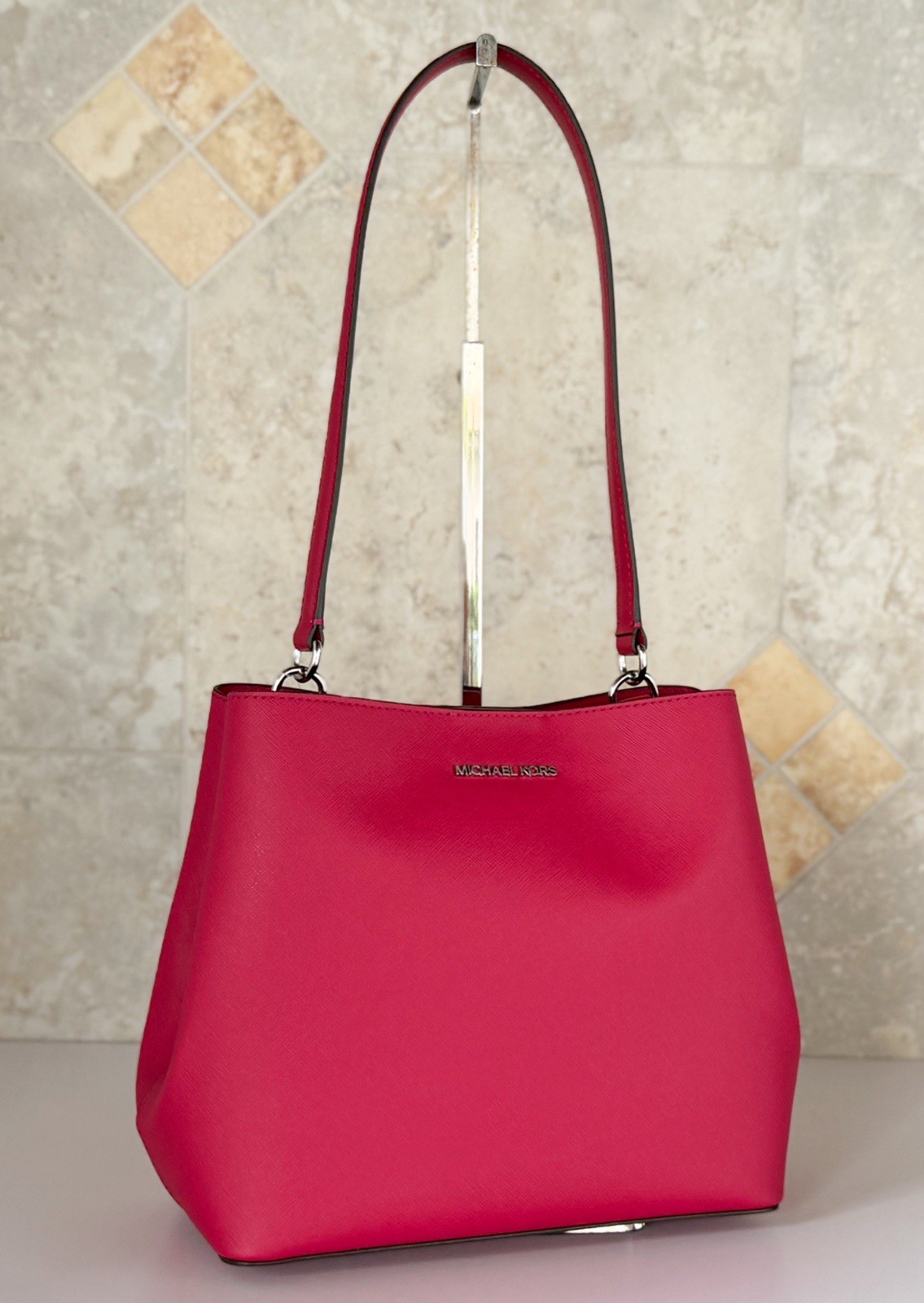 Michael Kors Pratt Medium Bucket Shoulder Tote Bag Dark Raspberry