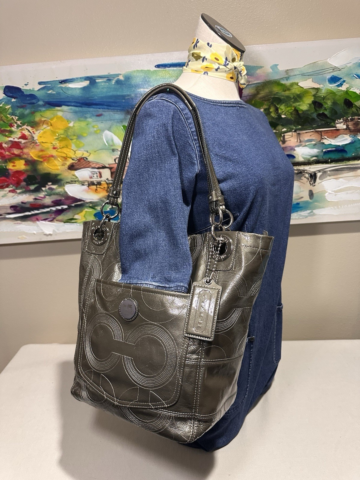 COACH ALEX Stitched Green Patent Leather Shoulder Tote Purse Bag 14265