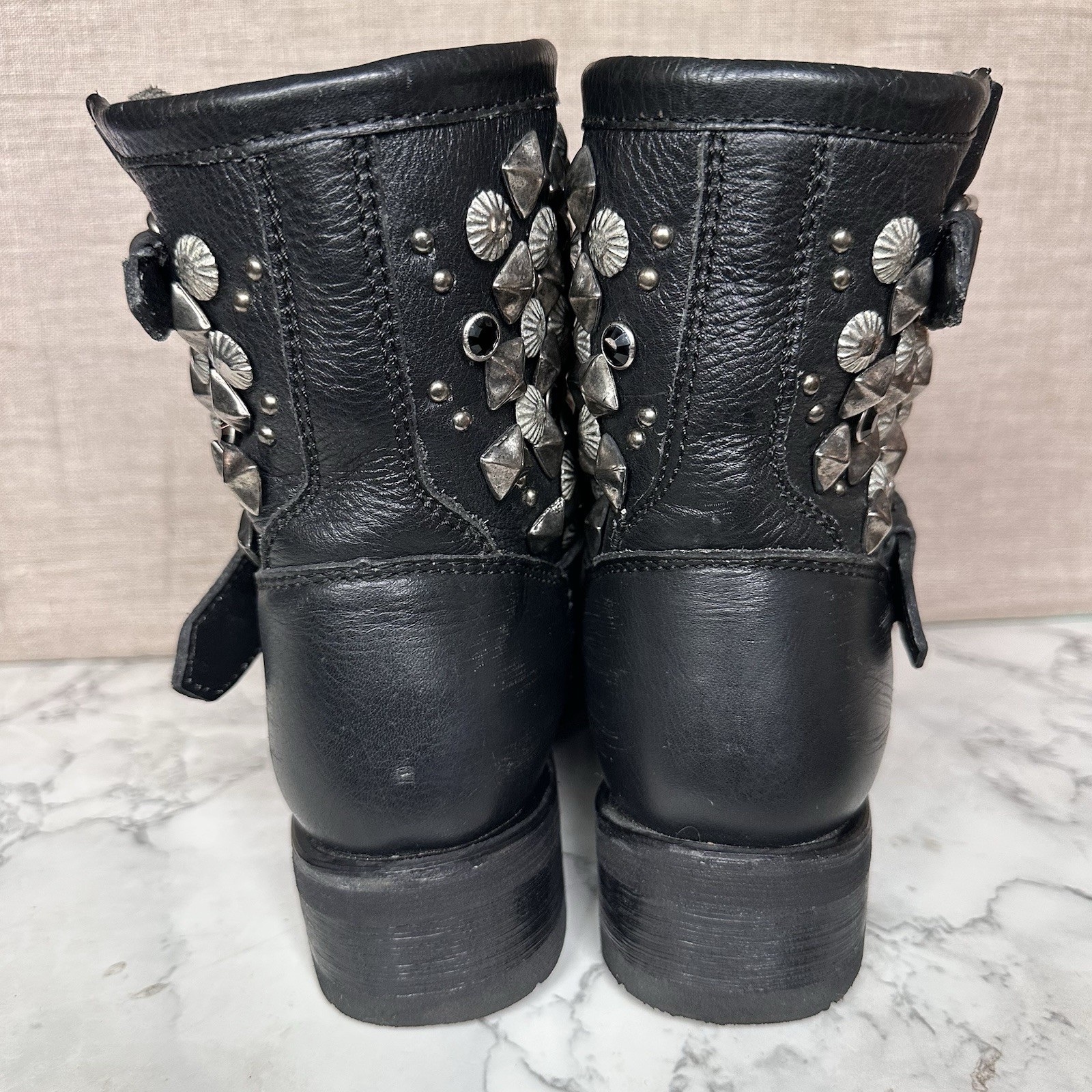 Ash Titanic Distressed Black Leather Ankle Boots Sz 6 Moto Biker Studs R-Stone