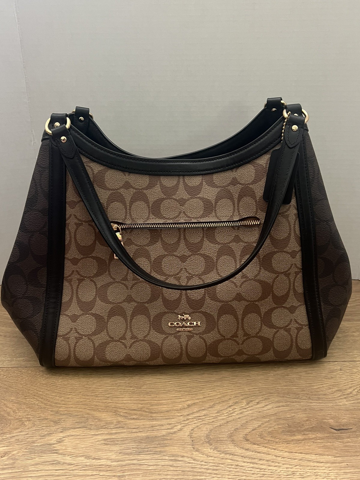 COACH KRISTY Shoulder Bag Blocked Signature Khaki Brown Canvas C6831