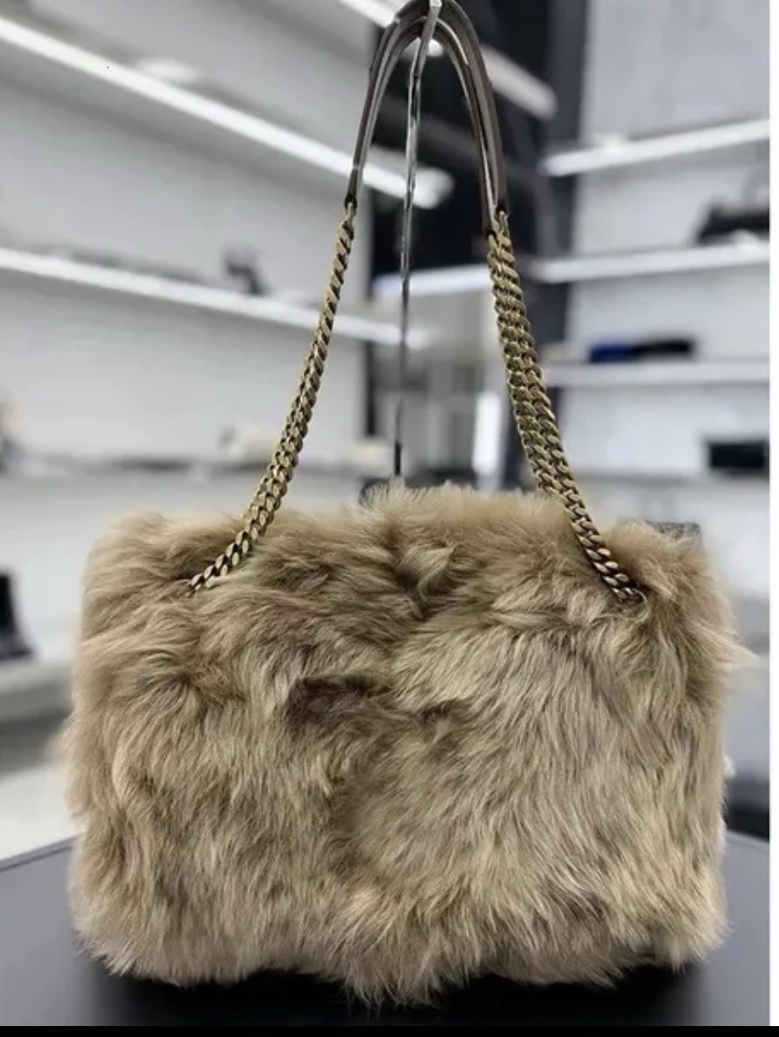 Large Faux Fur Shoulder Bag Soft Plush Winter Tote with Chain Strap Brown/Beige