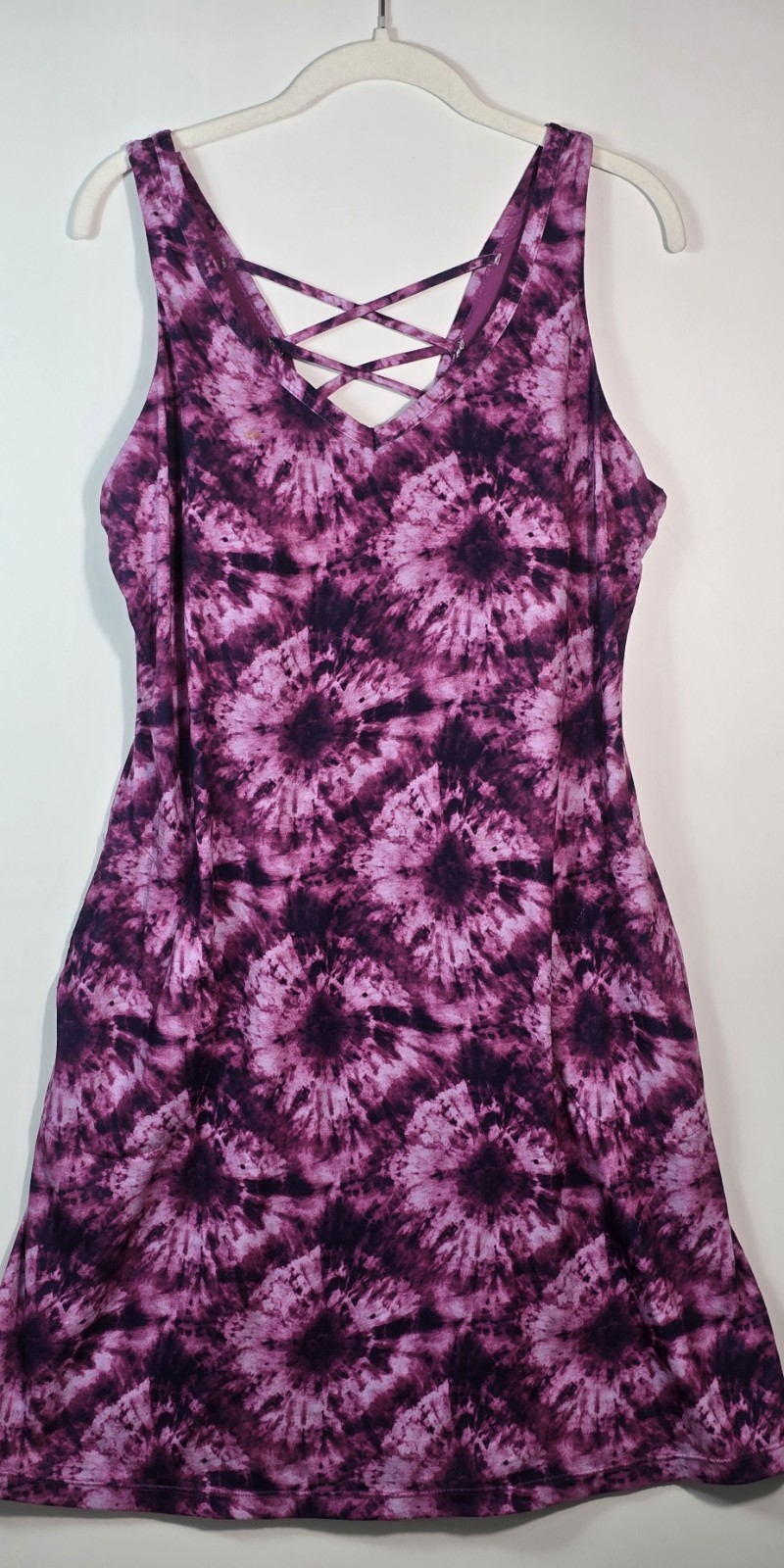 ZeroXposur Purple Gray Tie Dye V-Neck Sleeveless A-Line Dress Pockets L/G