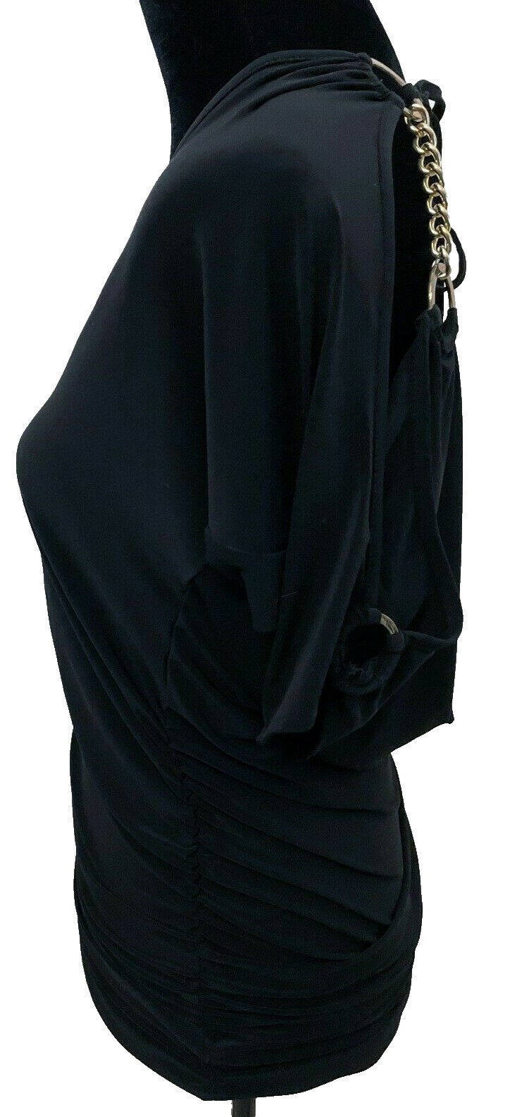 Cache Womens Cold Shoulder Rouched Blouse Small Black Knit Gold Metal Accents