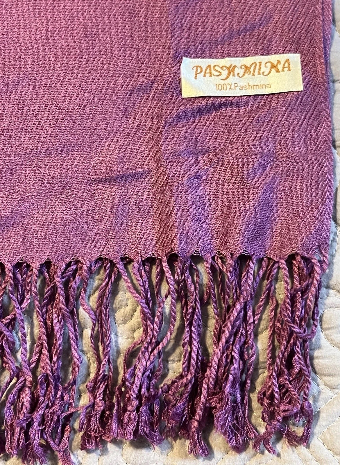 100% Pashmina Scarf Wrap Shawl Purple Sheen 4” Fringe 69”x 27.5” Approx Tag New