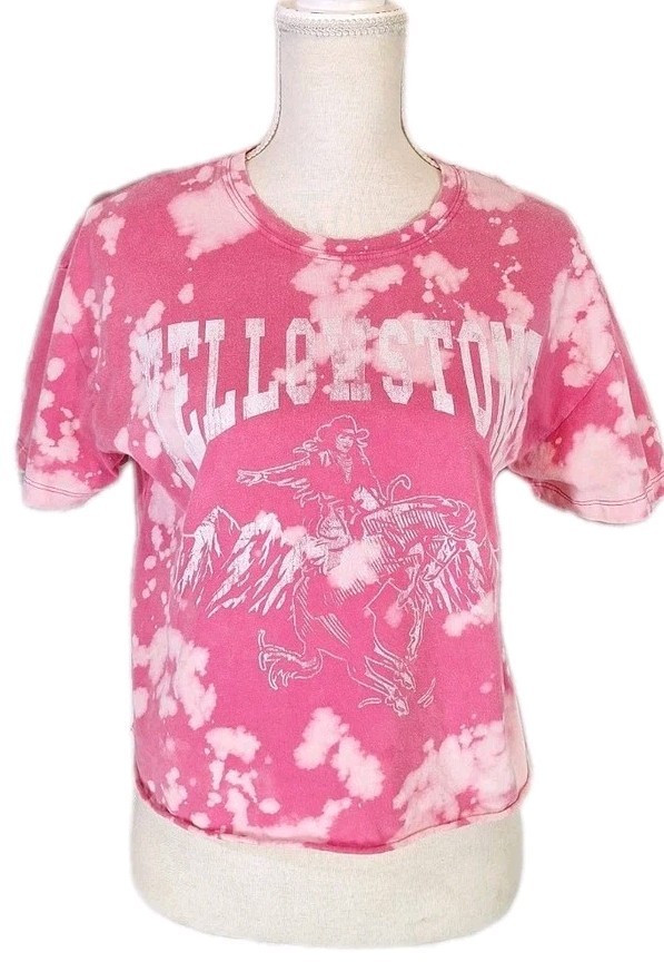 SOCIAL CULTURE Sz L YELLOWSTONE Graphic Crop Tee Custom Reverse Acid/Bleach Pink