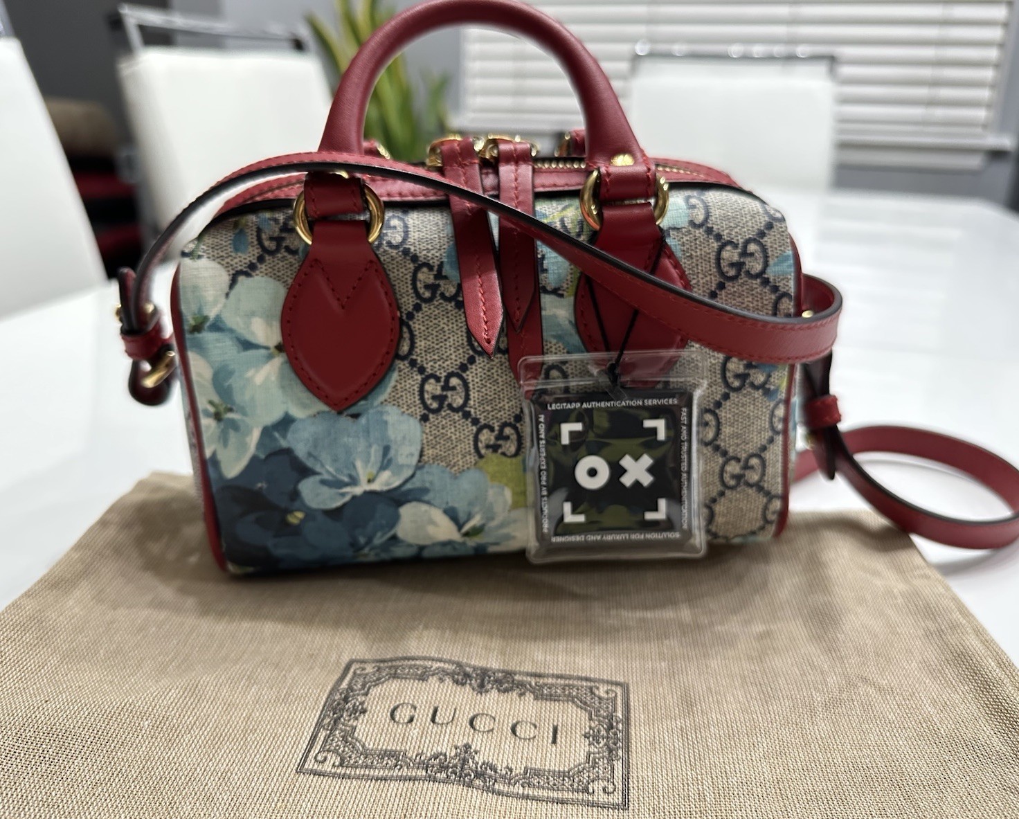 Authentic Gucci GG Supreme Monogram Blooms Mini Boston Bag Red Floral w/ Strap