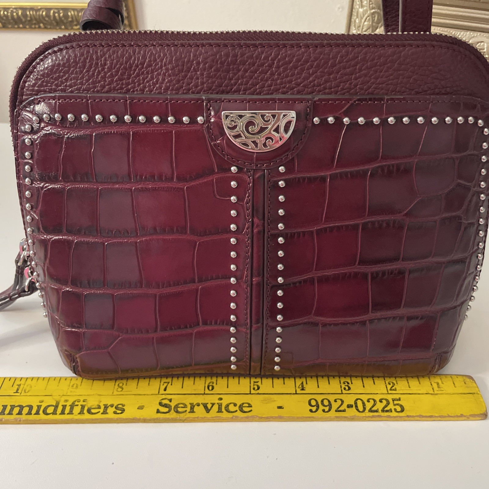 Stunning BRIGHTON Pretty Tough Studded Jojo Bag In Berry Croc Embossed Leather