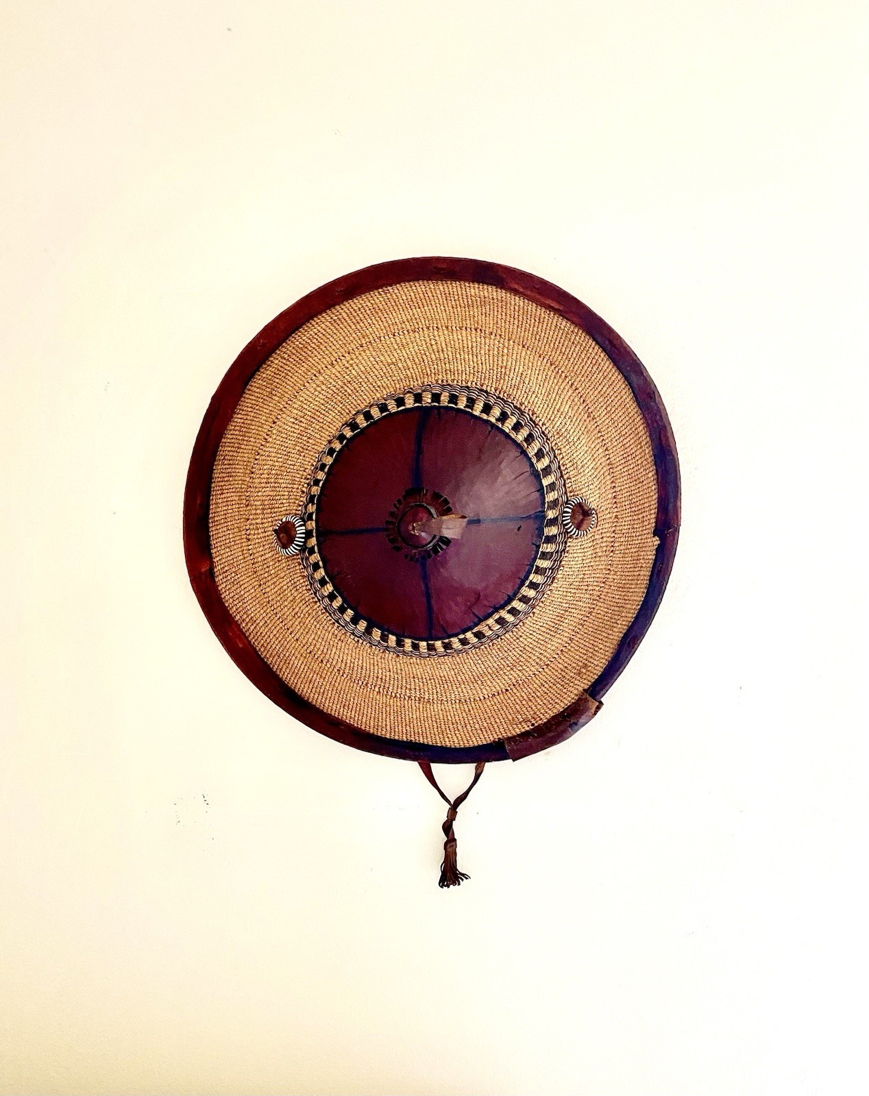 Antique African Ghanaian Hat ~ Traditional Conical Woven Straw & Leather ~19in