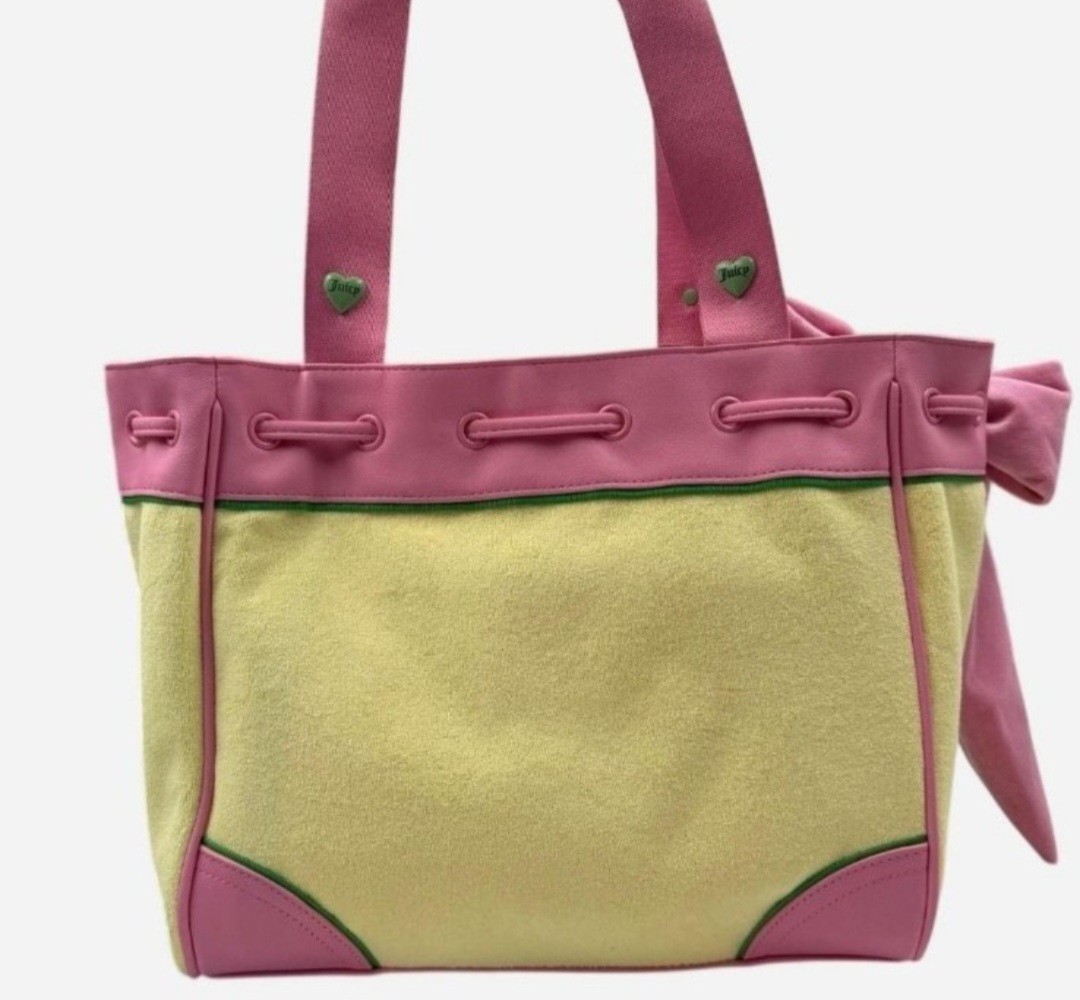 Juicy Couture Pink Yellow Logo Tote Shoulder Bag Bow Heart Drawstring w/ Pouch