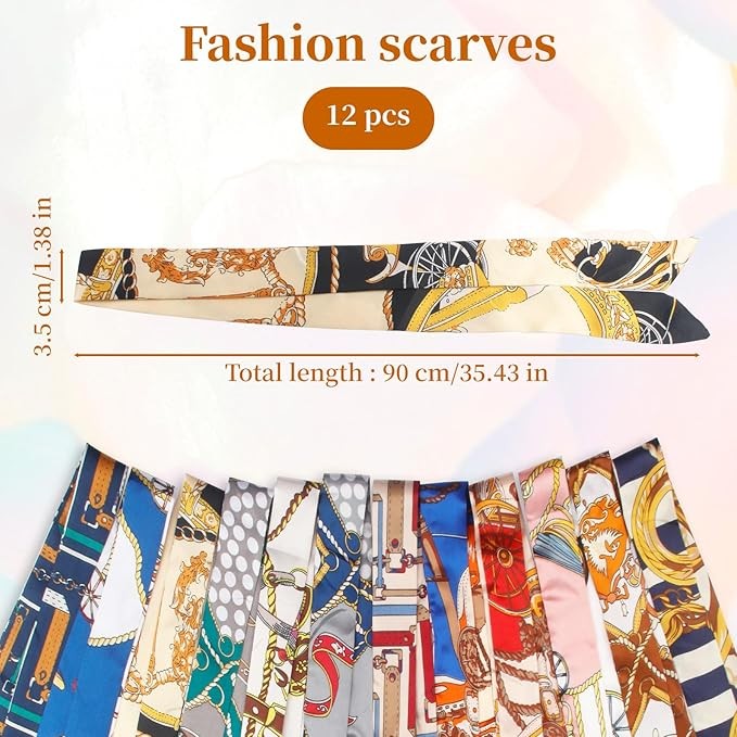 12 Pcs Silk Head Scarf Handbag Handle Wrap Ribbon Neckerchief Scarf for Women