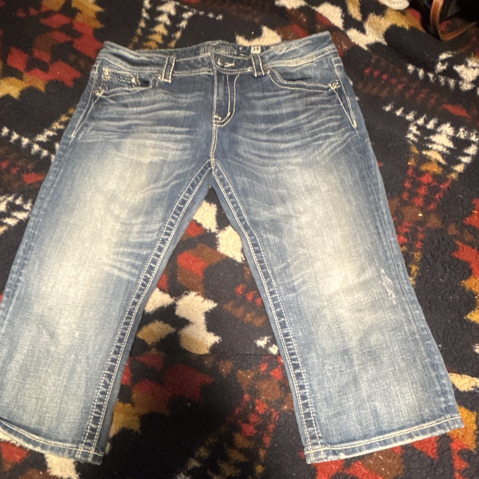 Miss Me Women’s Capri Blue Denim Mid Rise Regular Fit Embroidered Rhinestone