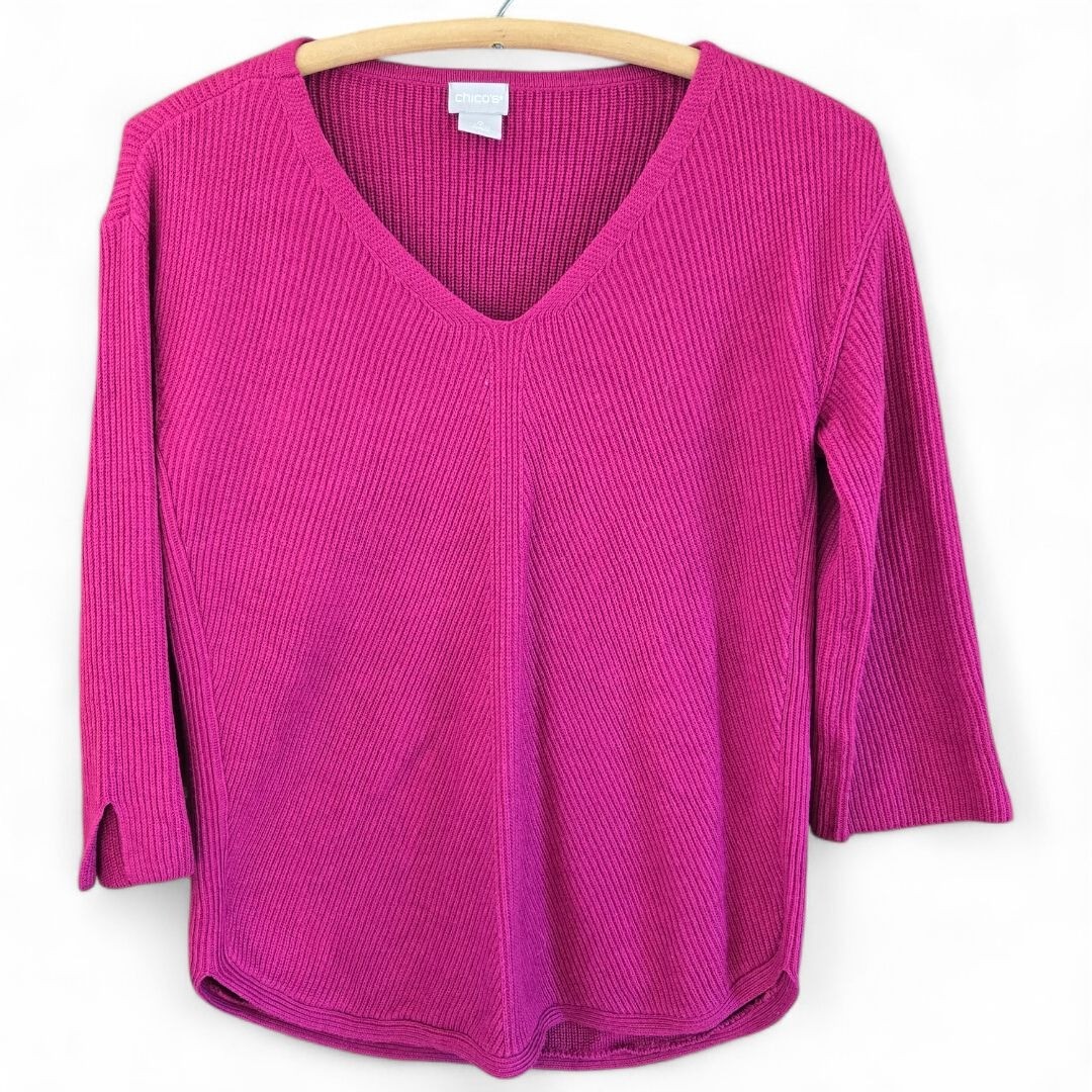 Chicos Shaker Knit V-Neck Sweater XS Pink 3/4 Sleeve Cotton Blend