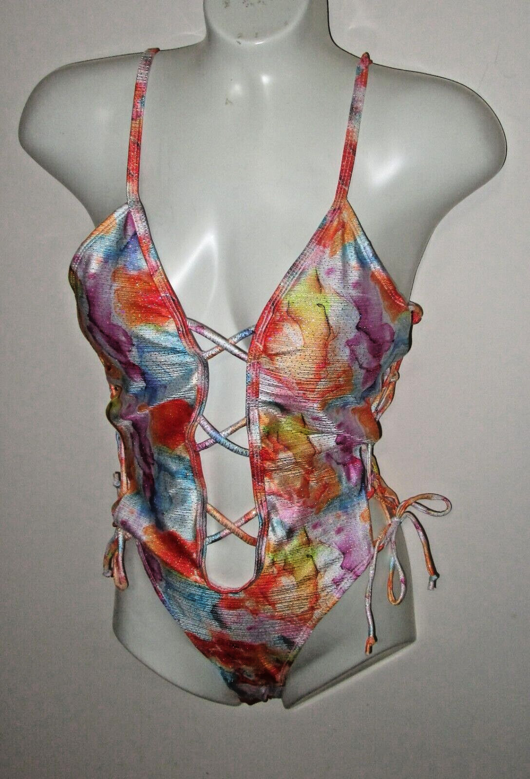 FICOATE~SMALL~Women’s Glittery Multi-Color Deep Plunge V-Neck One Piece Swimsuit