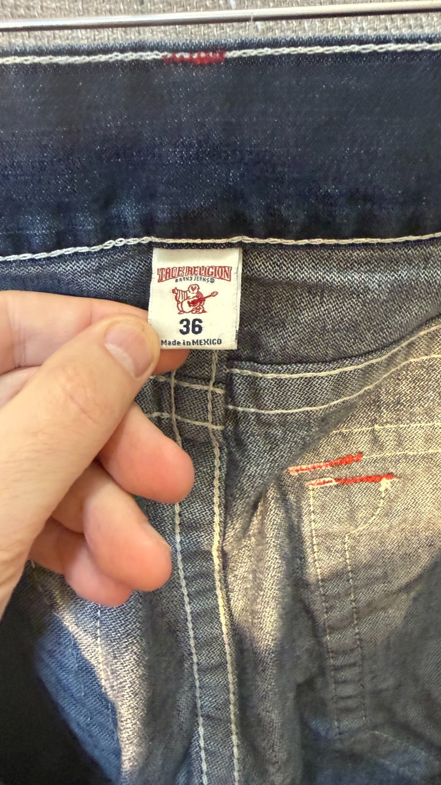 True Religion Straight Flap Red Stitch Dark Wash Jeans Mens 36×27