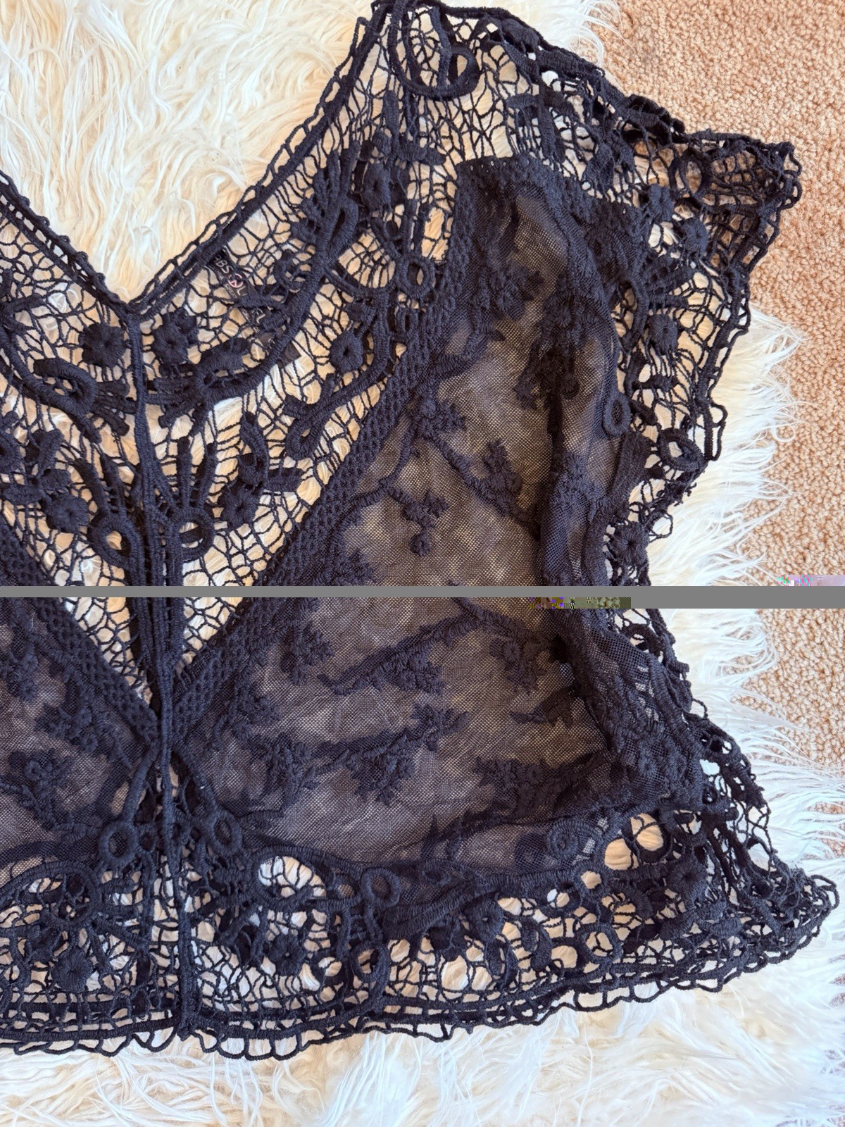 Black Sheer Lace Crochet Overlay V-Neck Top Whimsy Goth Fairy Y2K Size L