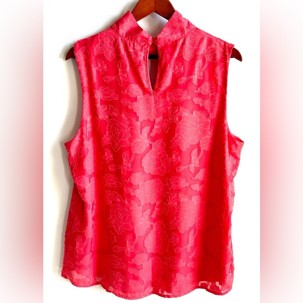 KENAR Bright Red Floral Sleeveless Keyhole Twisted Mock Neck Blouse Women’s XL