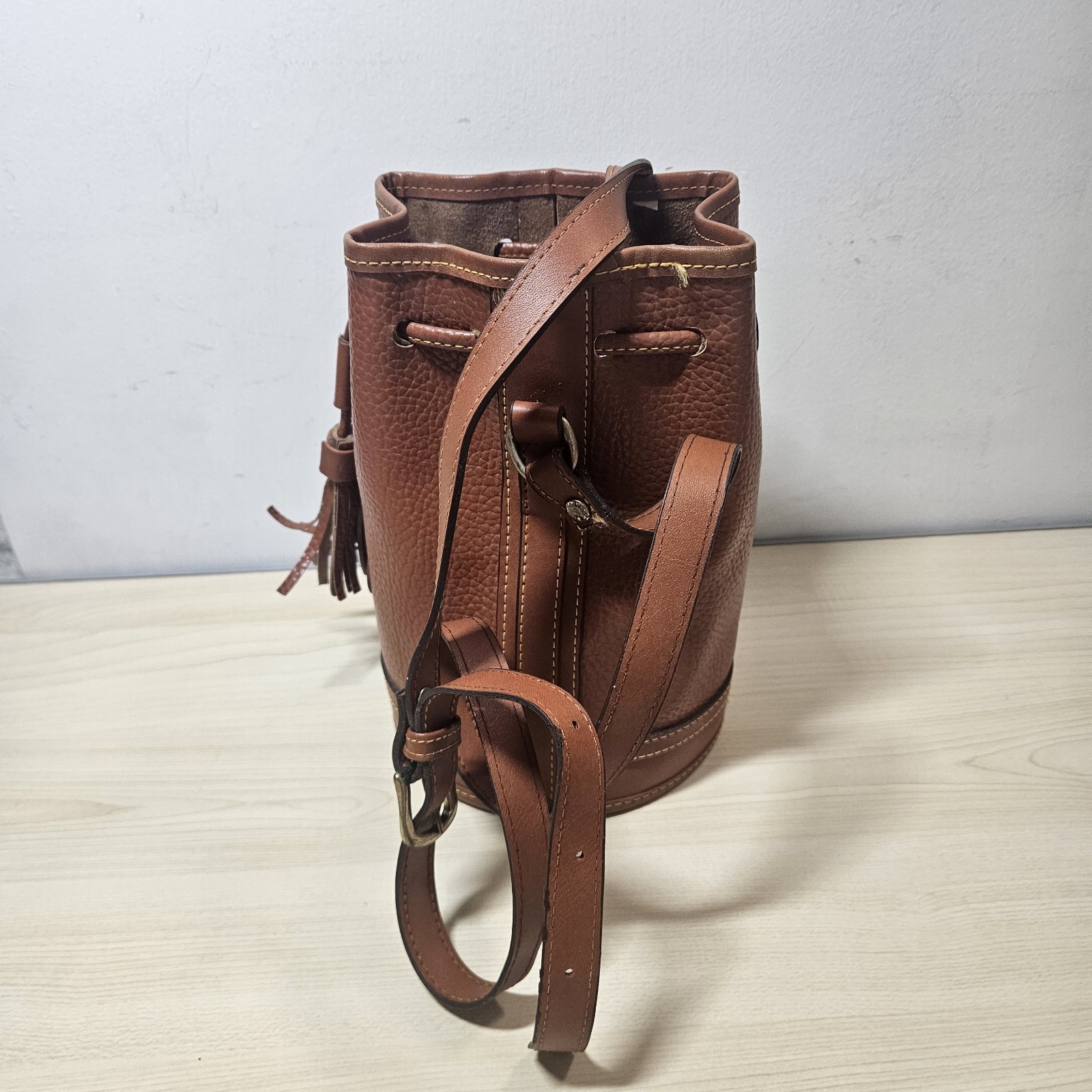 Vintage Dooney Bourke Drawstring Bucket Bag Brown All Weather Leather AWL