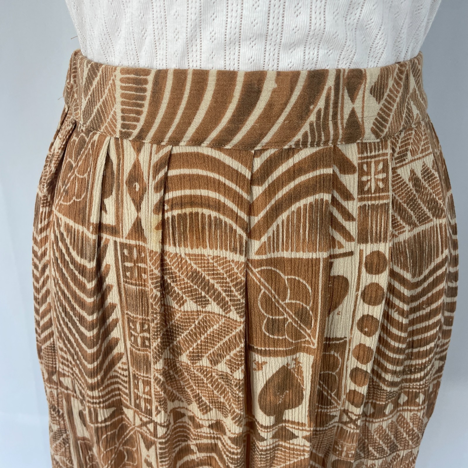 Vintage A Line Mini Skirt Small Brown Tan Tribal Boho Lagenlook Pleated Skater