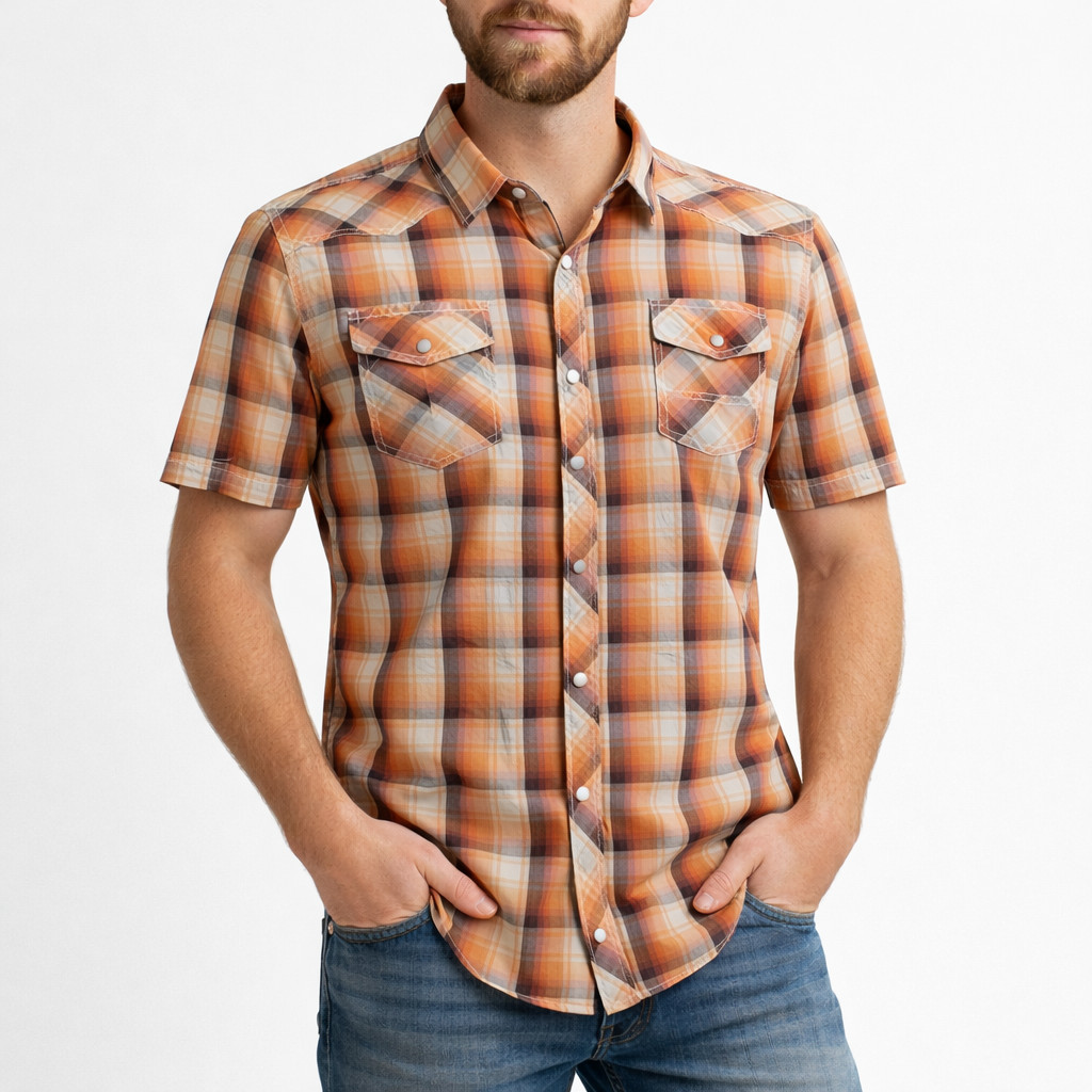 BKE Buckle Athletic Fit Short Sleeve Pearl Snap Button Shirt Mens XL Orange