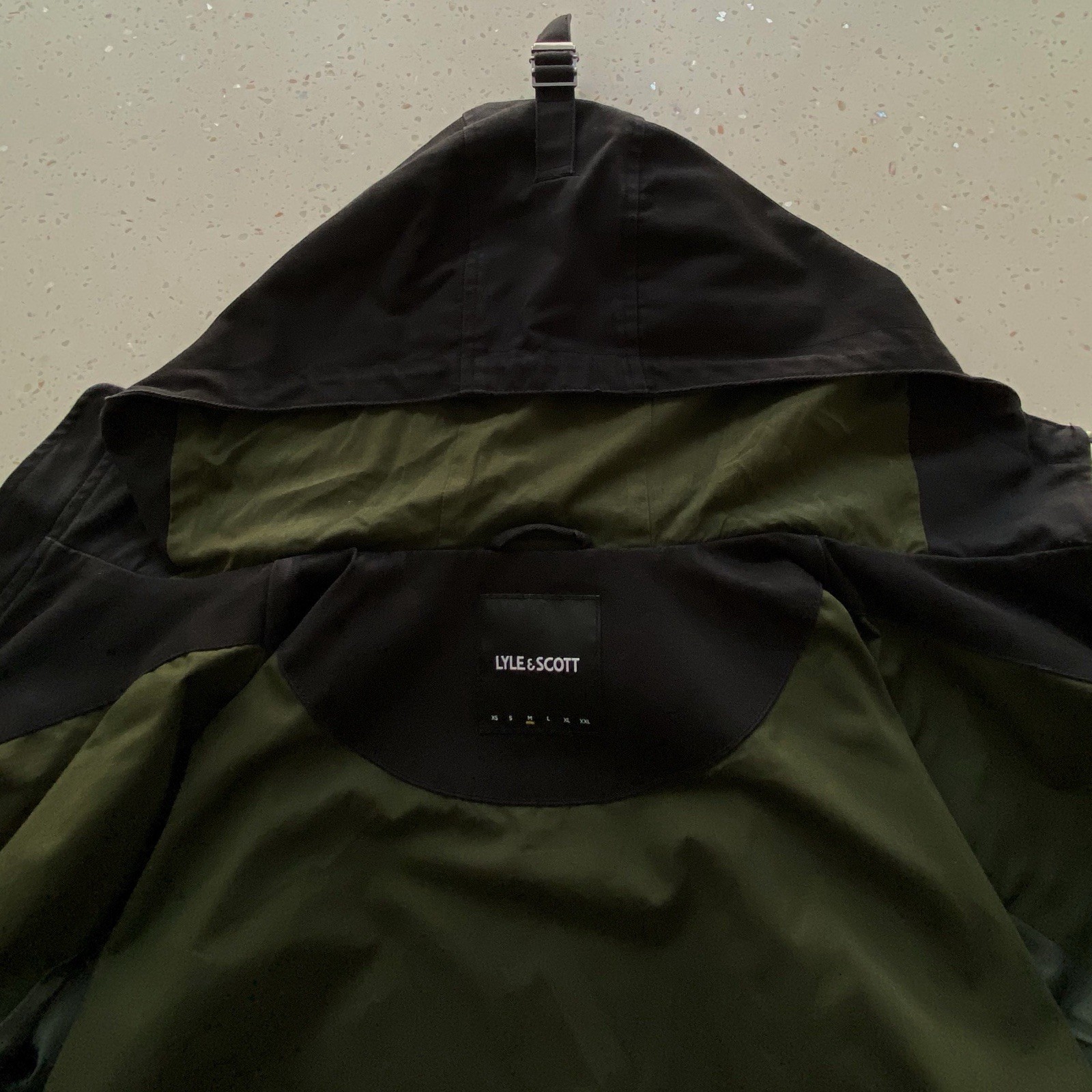 Lyle & Scott Jacket Mens Medium Black Full Zip Hooded Cotton Khaki Green Lining