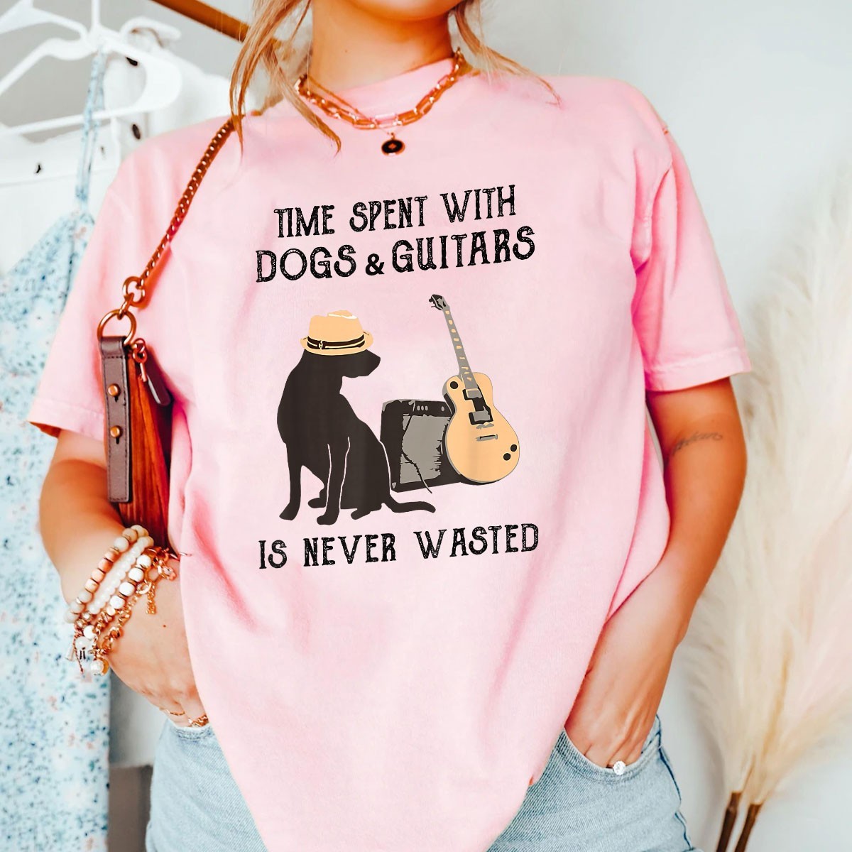 Time Spent with Dogs and Guitars is Never Wasted Music Lover Dog Tee Gift Item