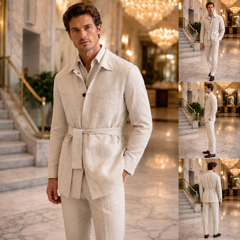 Mens Ivory Cream Linen Belted Safari Jacket Pants Wedding Prom Suit 2pc Set