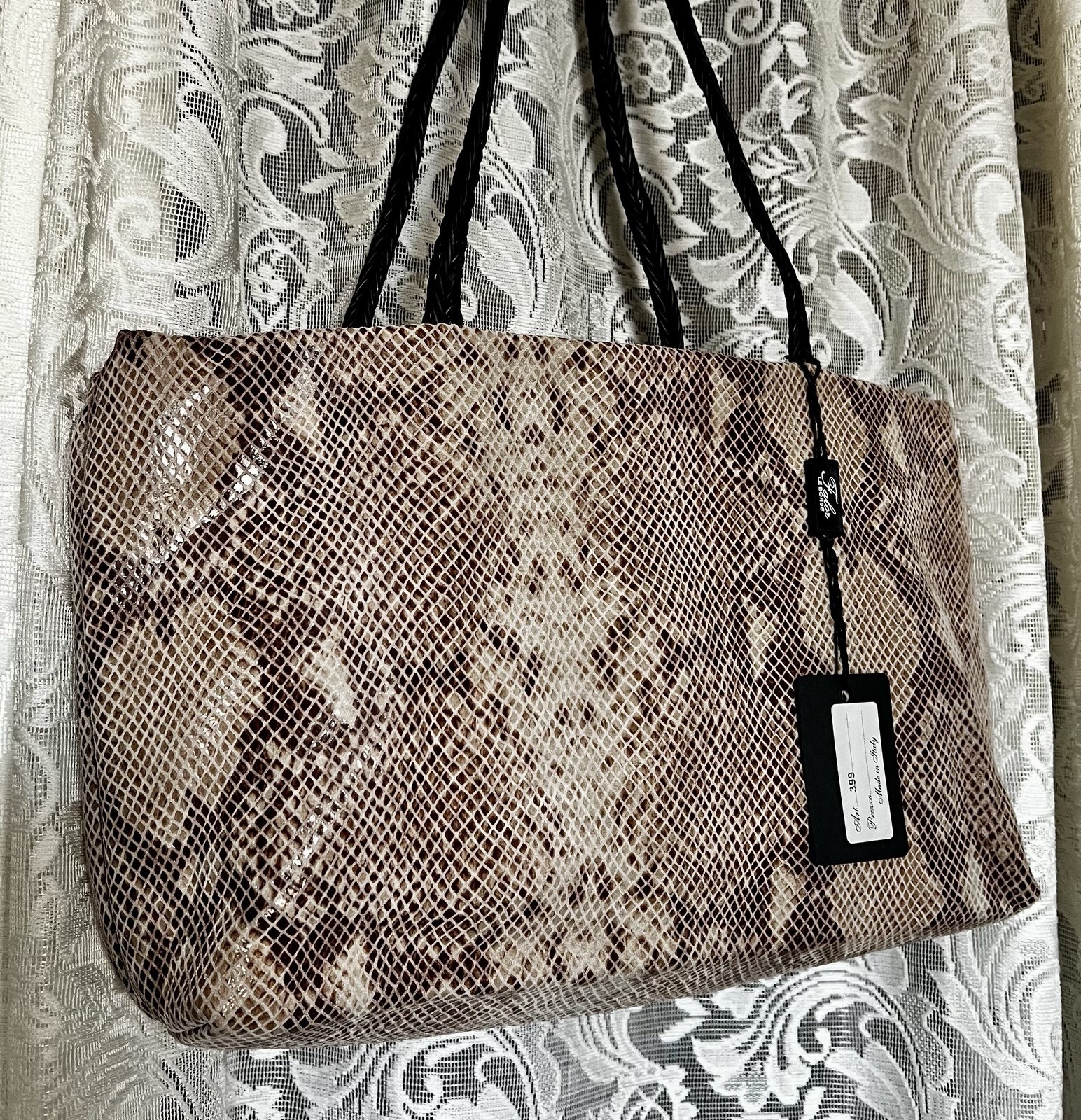 Falor Le Borse Genuine Leather Snakeskin Print Shoulder Tote Bag – NWT