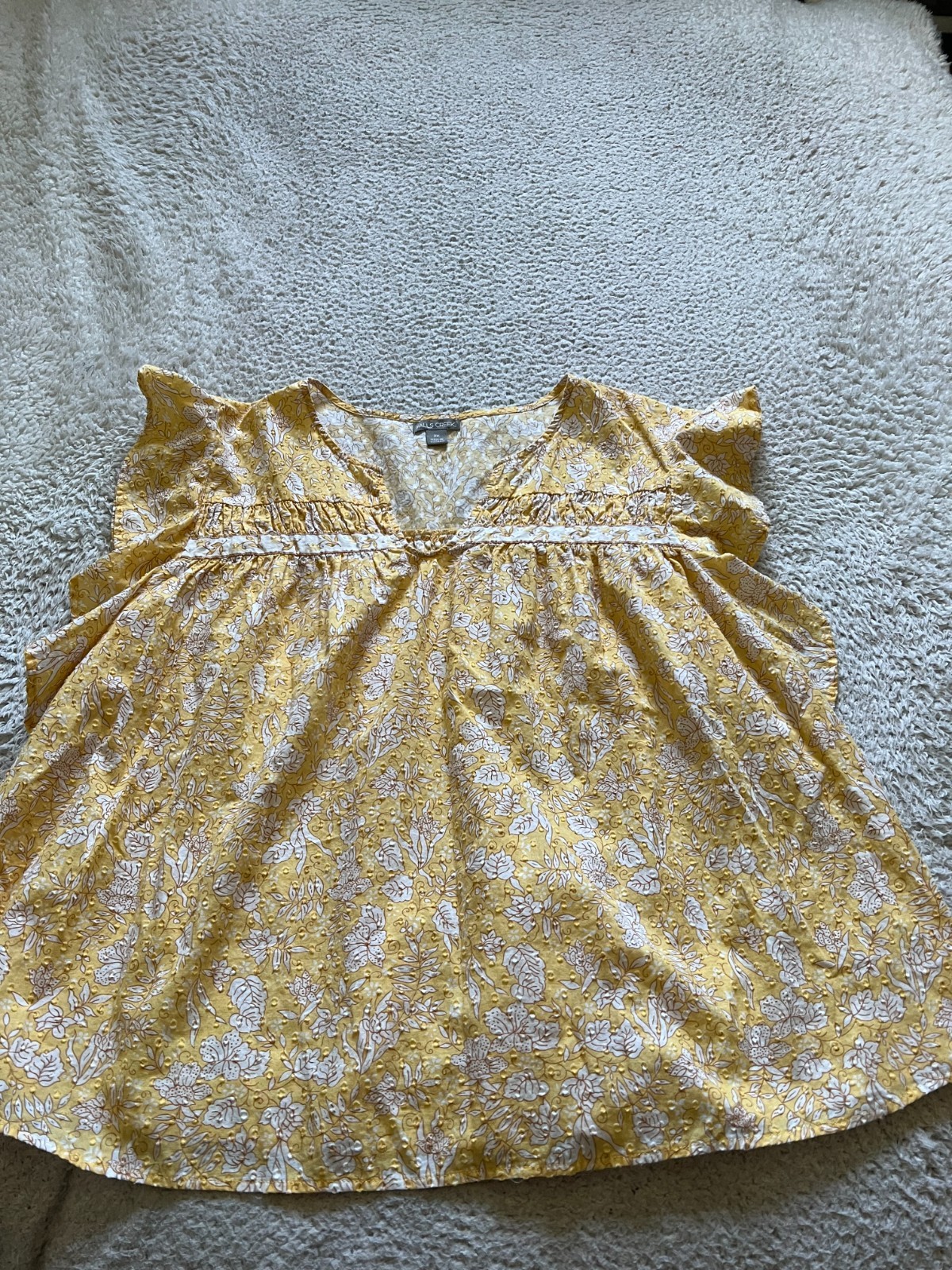 Falls Creek Women Floral Short Sleeve Henley Blouse Yellow Size 2X