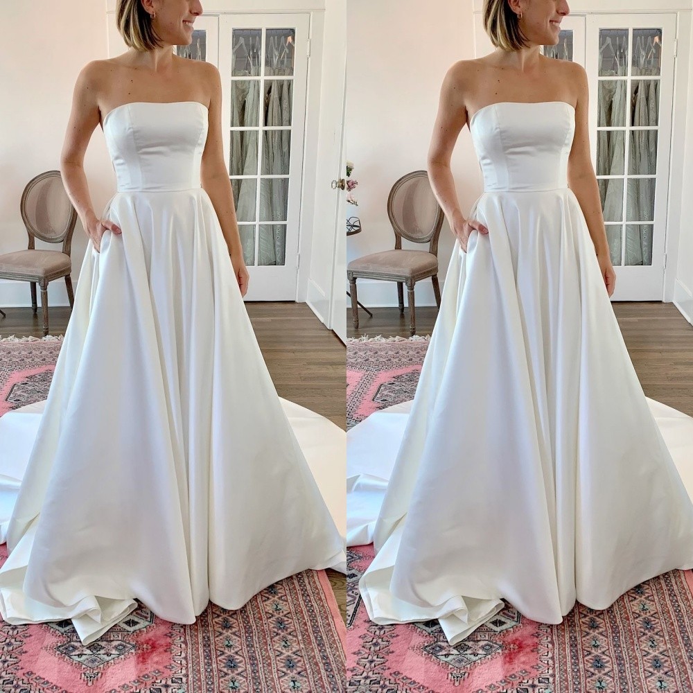 Classic Simple Wedding Dresses Strapless Satin A Line Sweep Train Bridal Gowns