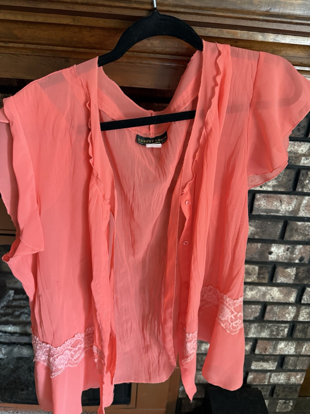 Robert Louis Pink L Boat Neck Short Sleeve Lace Ruffle Sheer Button Blouse