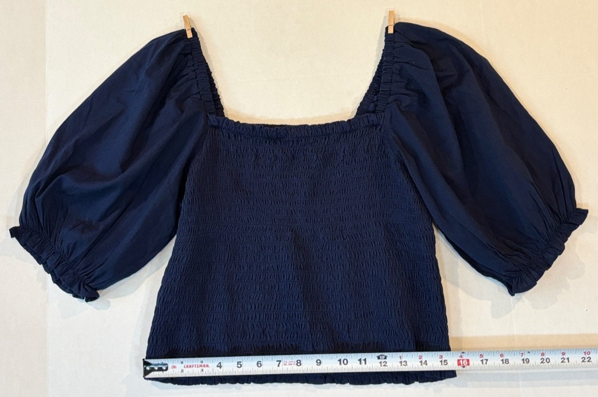 LOFT Navy Blue Smocked Puff Sleeve Blouse Women’s Large L Peplum Square Neck Top