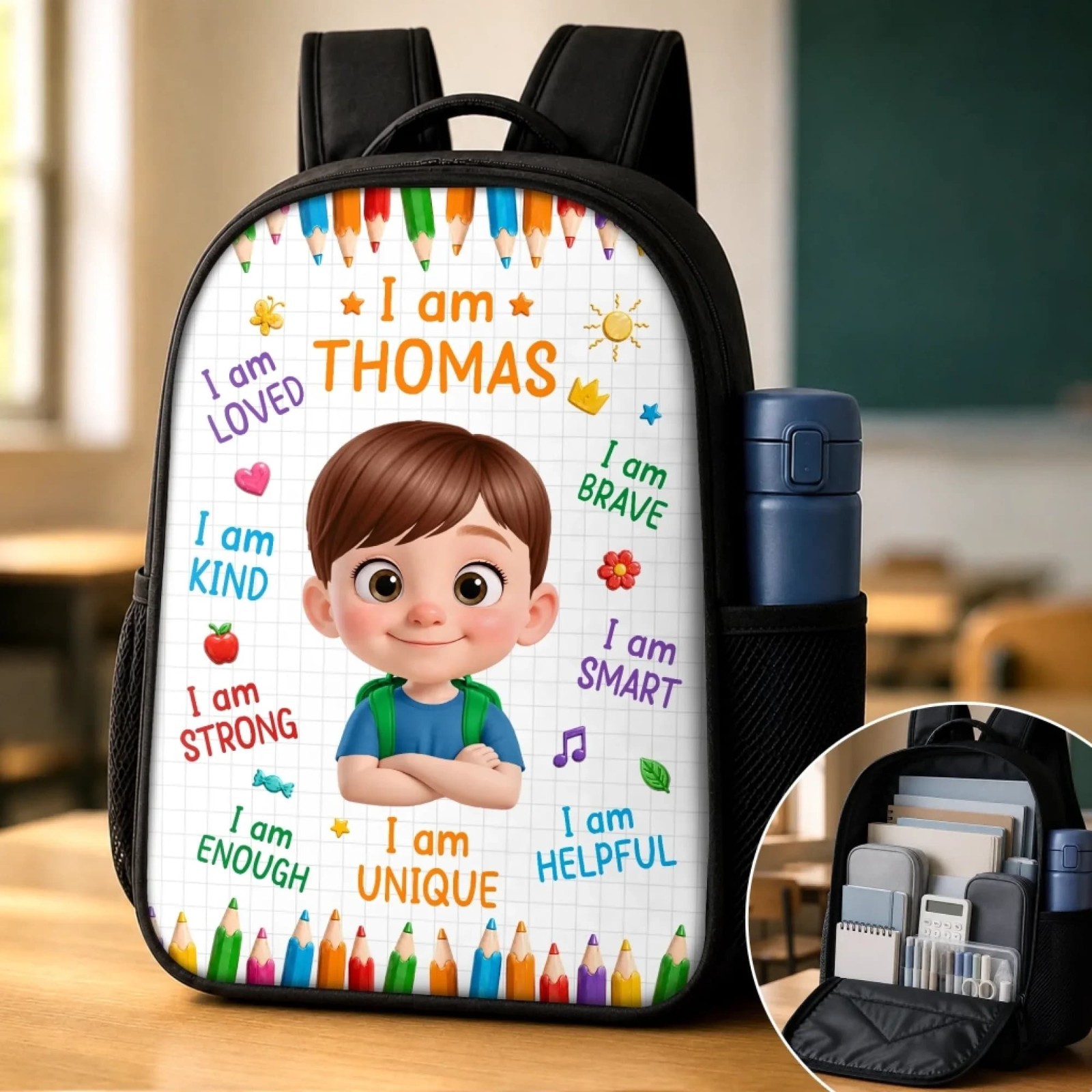 Custom Photo Kids Backpack, Personalized Affirmation School Bag, Back to School