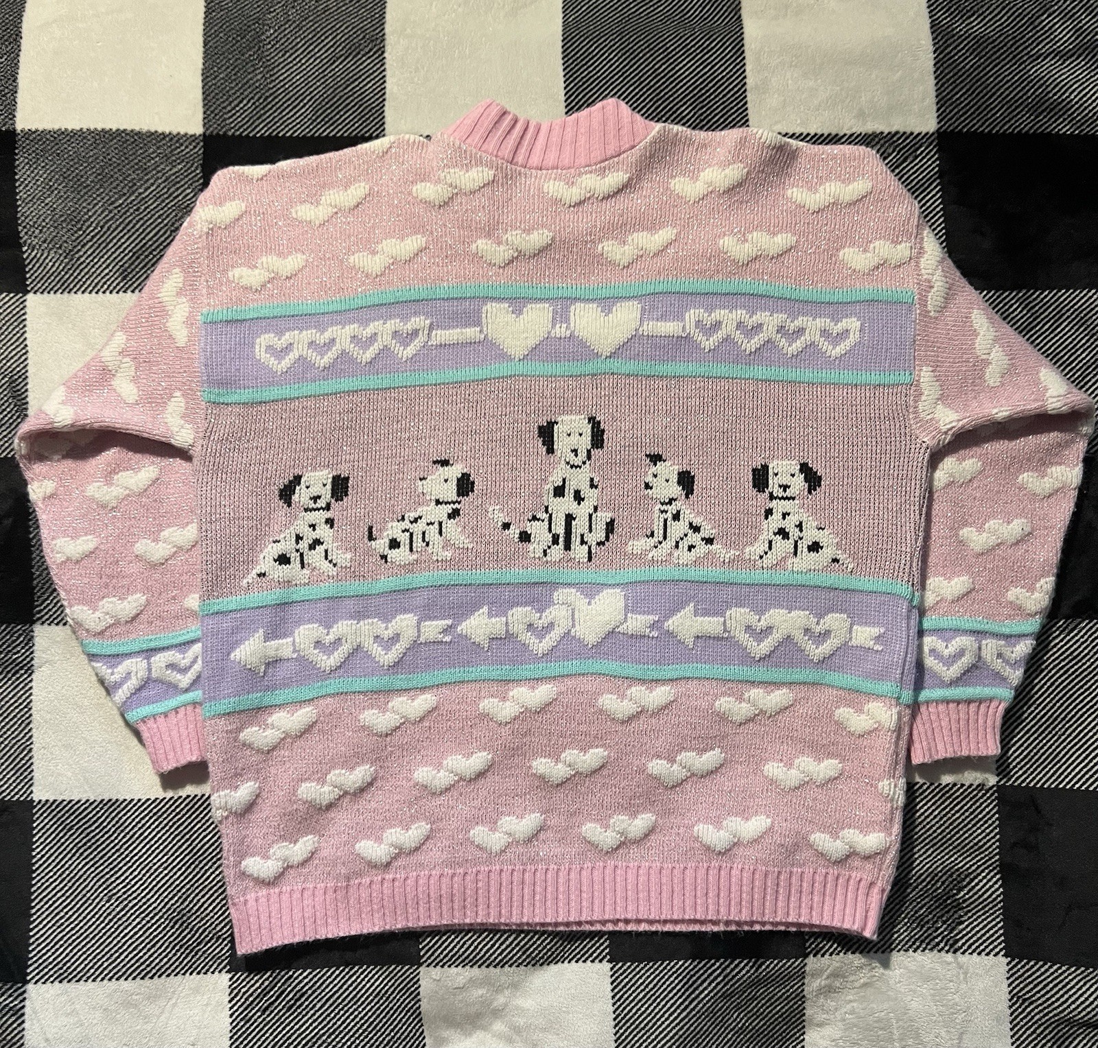 Vtg 80s Adele fairy kei Knitwear sweater Dalmatian Heart Sweater L/XL *READ*