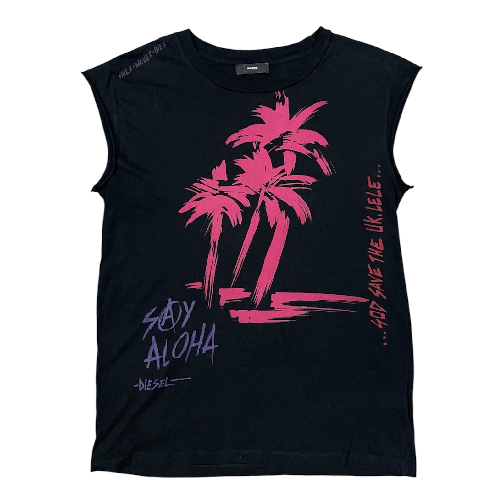 Diesel Graphic Sleeveless T Shirt Womens M Black Aloha Palm Tree Y2K Top