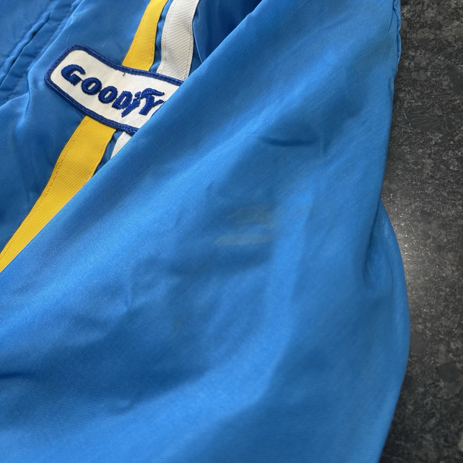 VTG 70s Good Year Tires Racing Jacket Size M USA Made Blue Nylon Quilt Lined