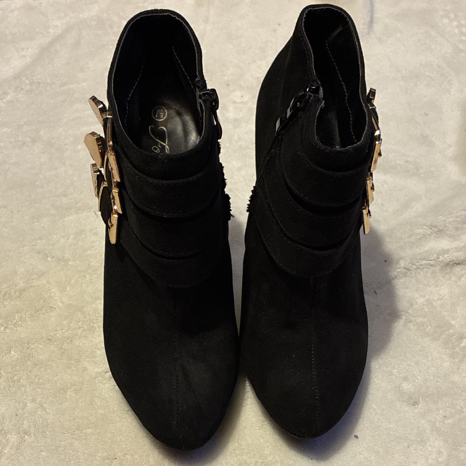 Forever Black Ankle Bootie Faux Suede Stiletto Almond Toe Side Zip Buckle