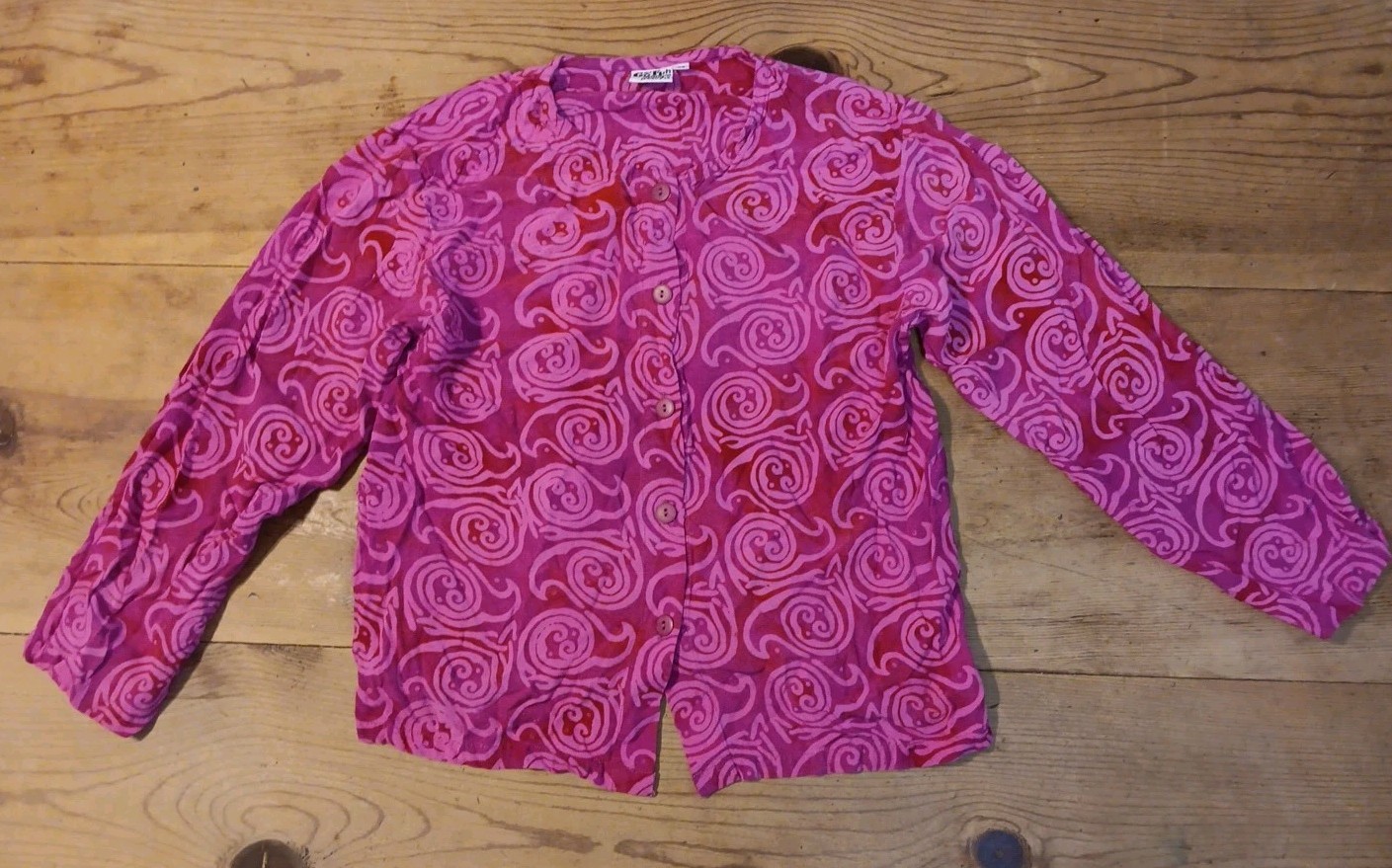Vtg Go Fish Clothing Top Women XS Batik Swirl Pink Art To Wear Button Up Rayon