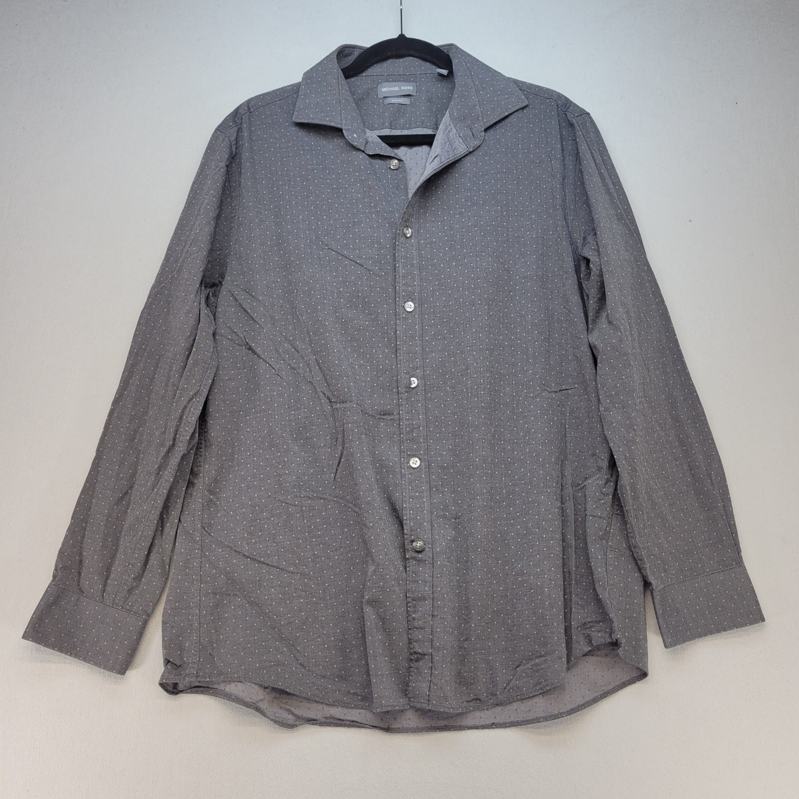 Michael Kors Button Down Shirt Mens L 16.5/32-33 Gray Slim Fit Diamond Print