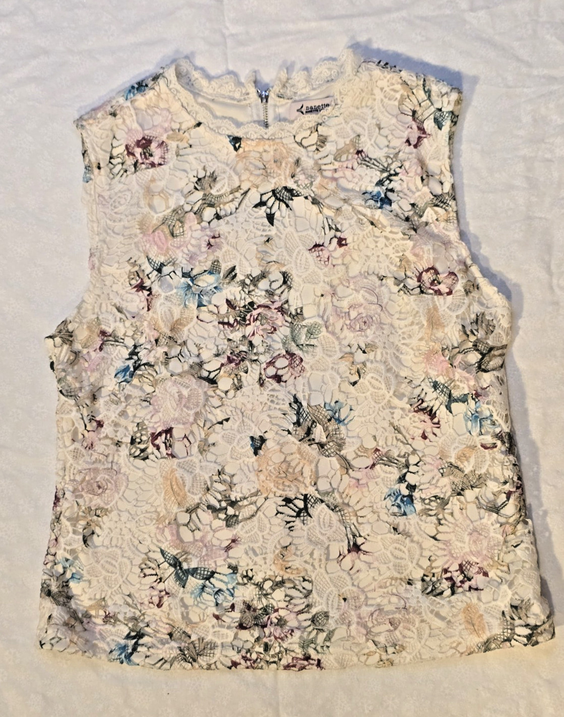 Nanette Lepore Floral Lace Top Ivory Pink Blue Grannycore Cottage Pastel M