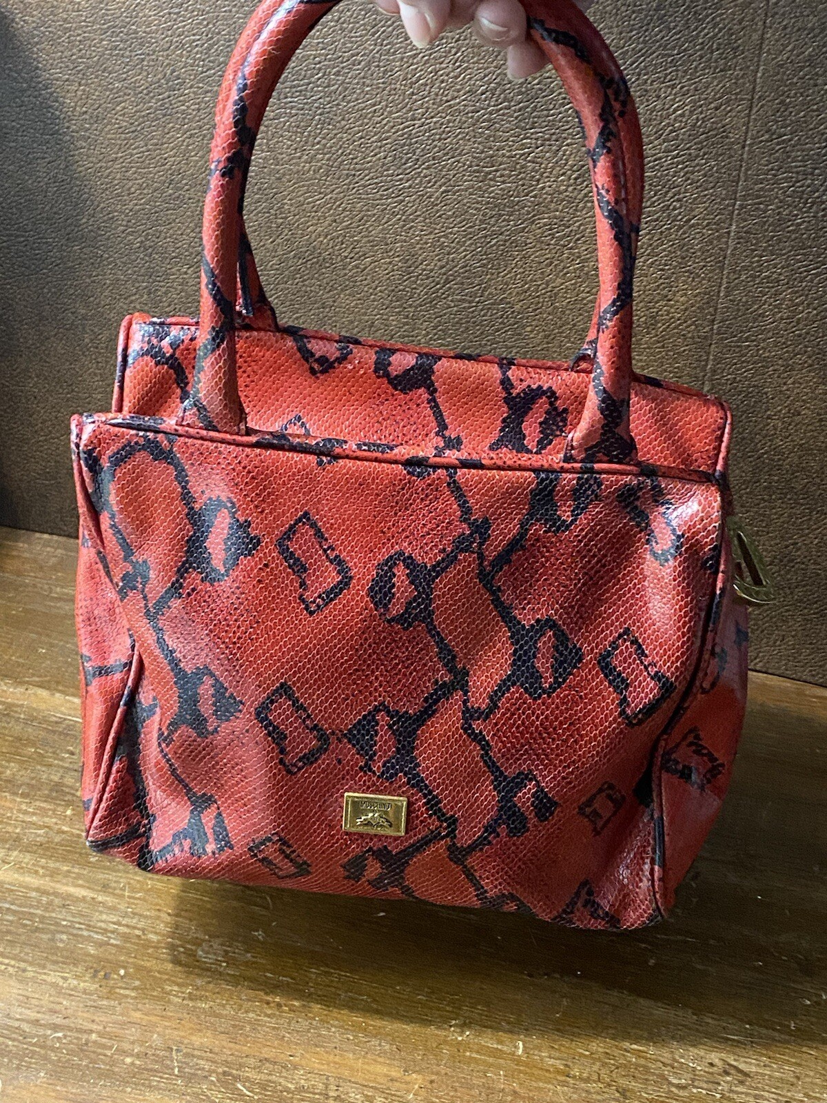 Vintage Moschino Red And Black Boa Snakeskin Handbag Redwall Made in Italy