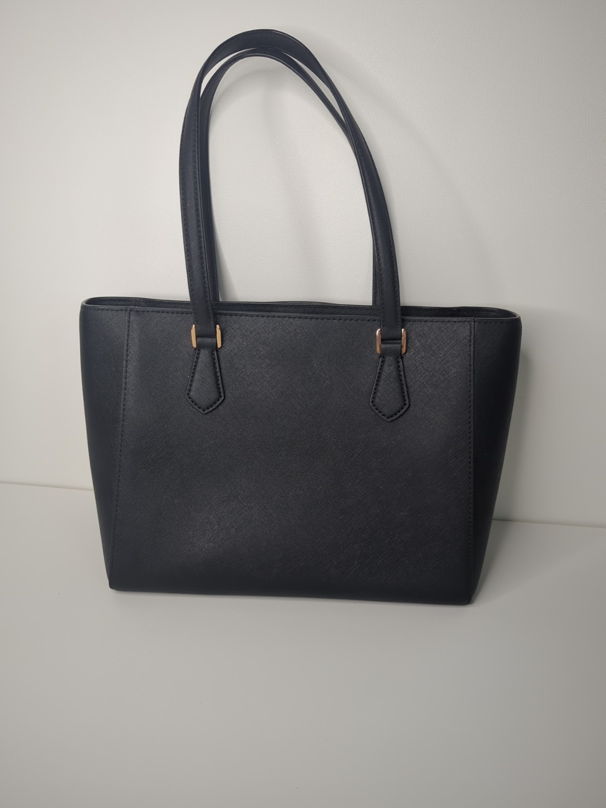 Tory Burch Robinson Small Saffiano Leather Black Tote Bag with Golden Accents