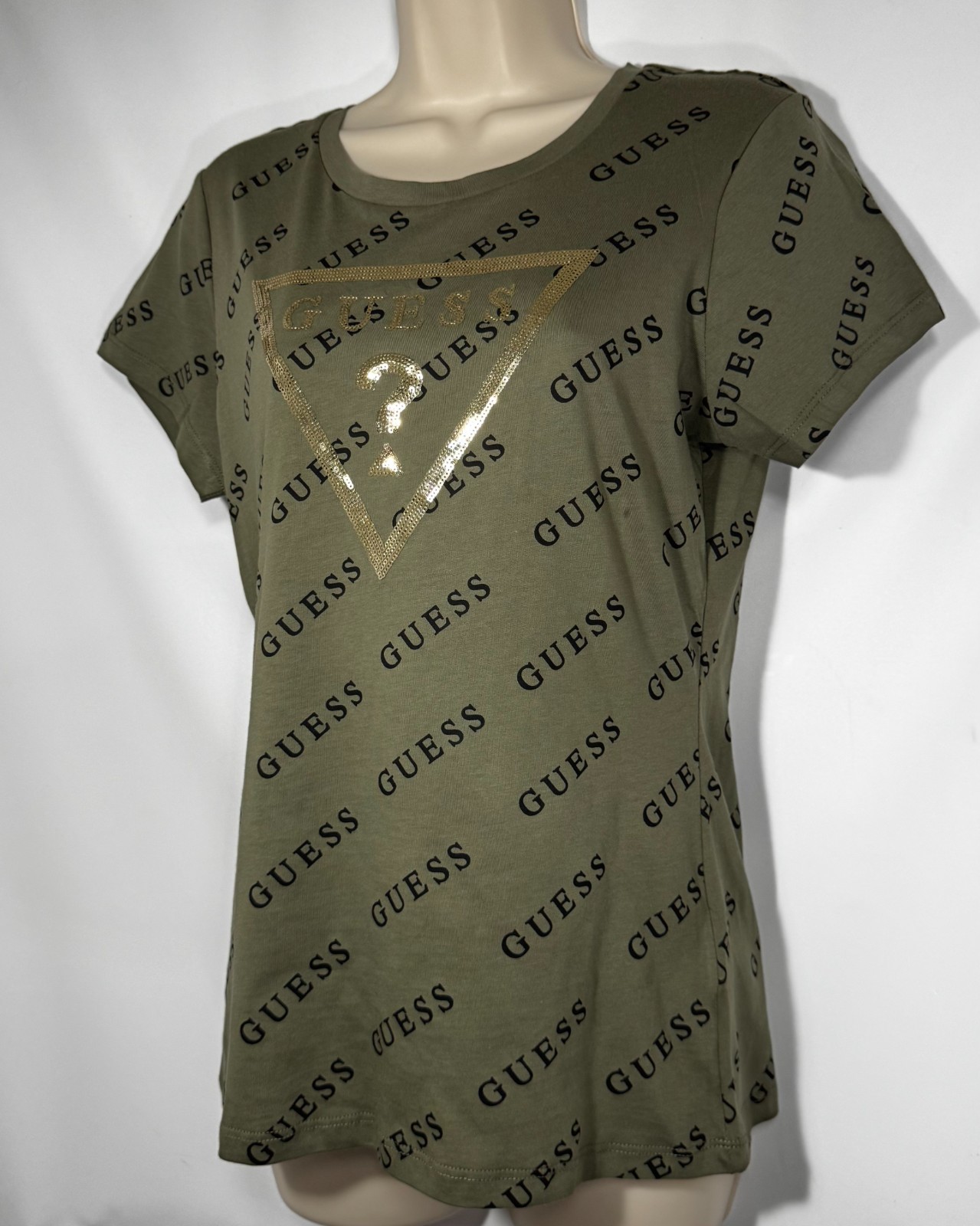 Guess Women’s Dolores All Over Print Logo Crew Tee Size Large Sand Dollar