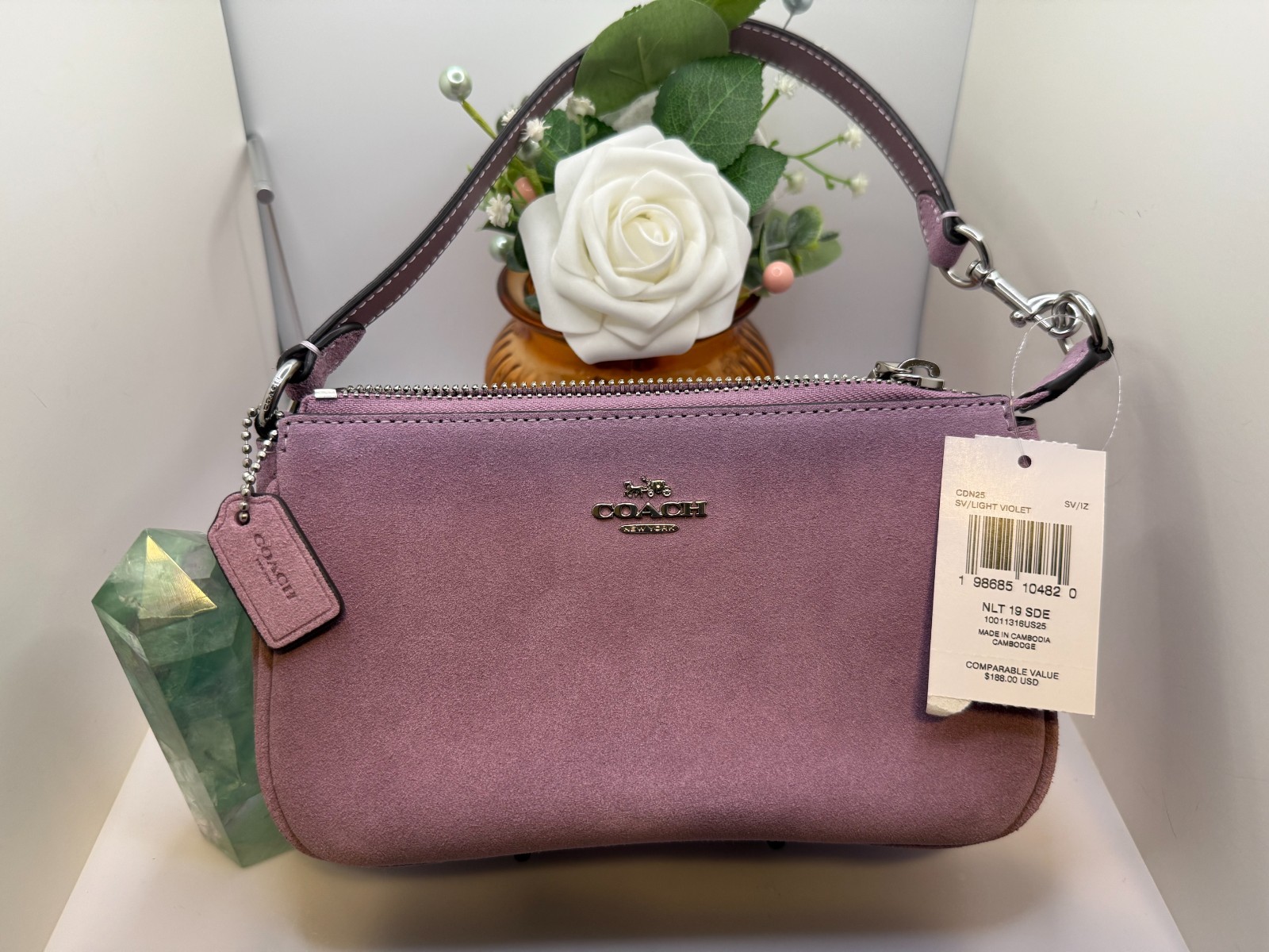 NWT Coach Nolita 19 CDN25 Suede Silver LIGHT VIOLET with Coach Hangtag.