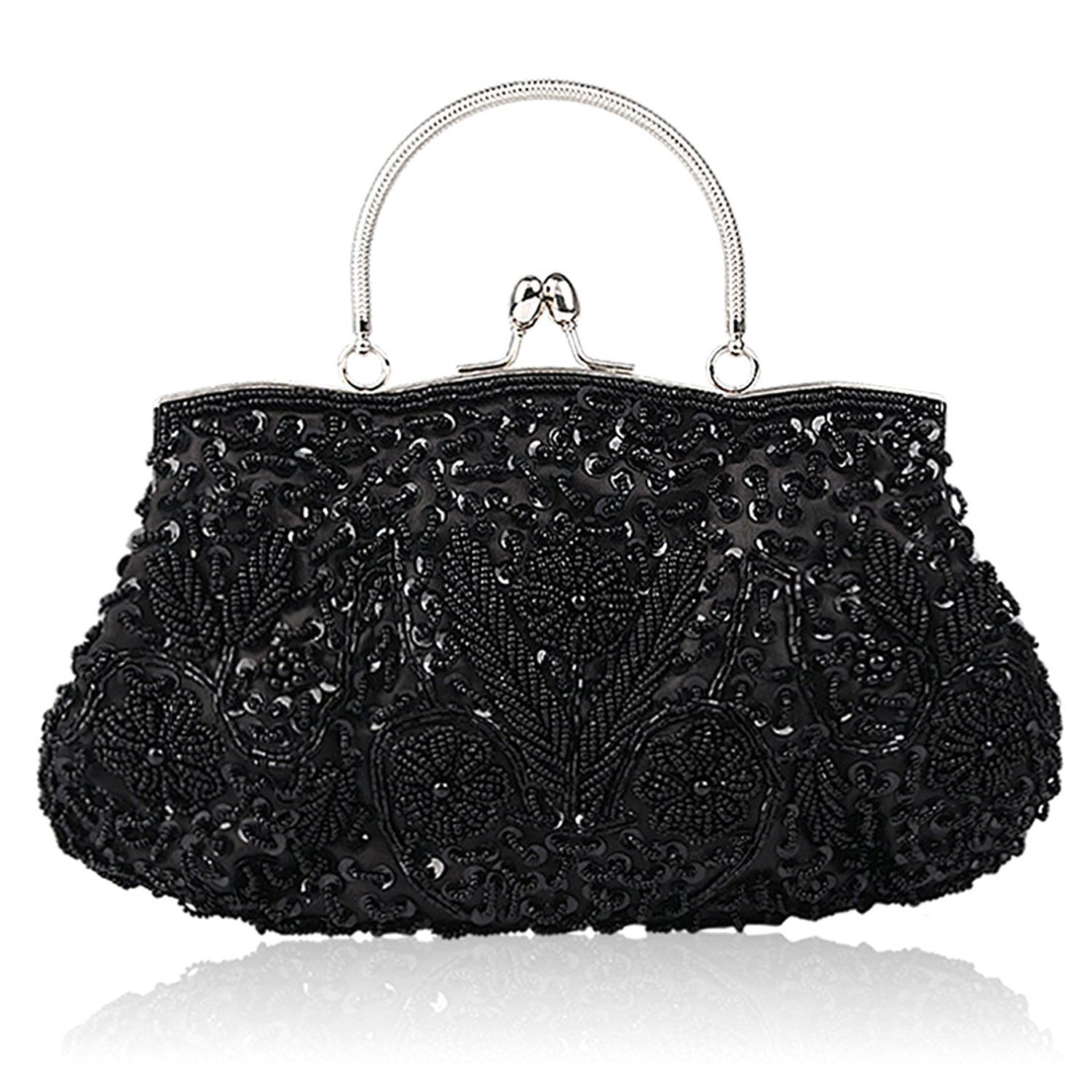 Beaded Sequin Design Flower Evening Purse Large Clutch Bag