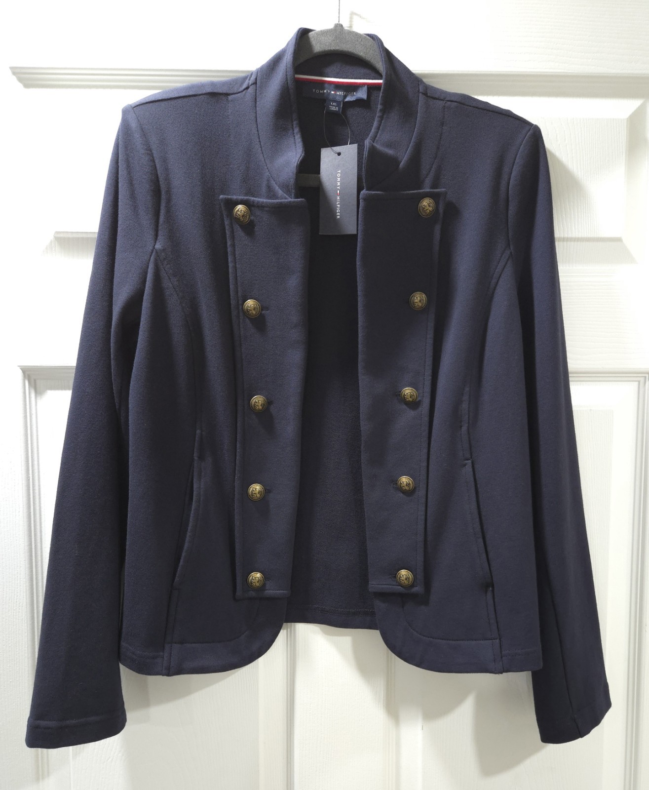 NWT Tommy Hilfiger Womens Blazer Military Band Jacket Navy Blazer Gold Buttons L