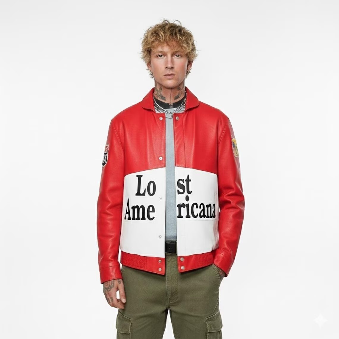 Machine Gun Kelly Lost Americana Red & White Leather Bomber Racing Jacket – MGK