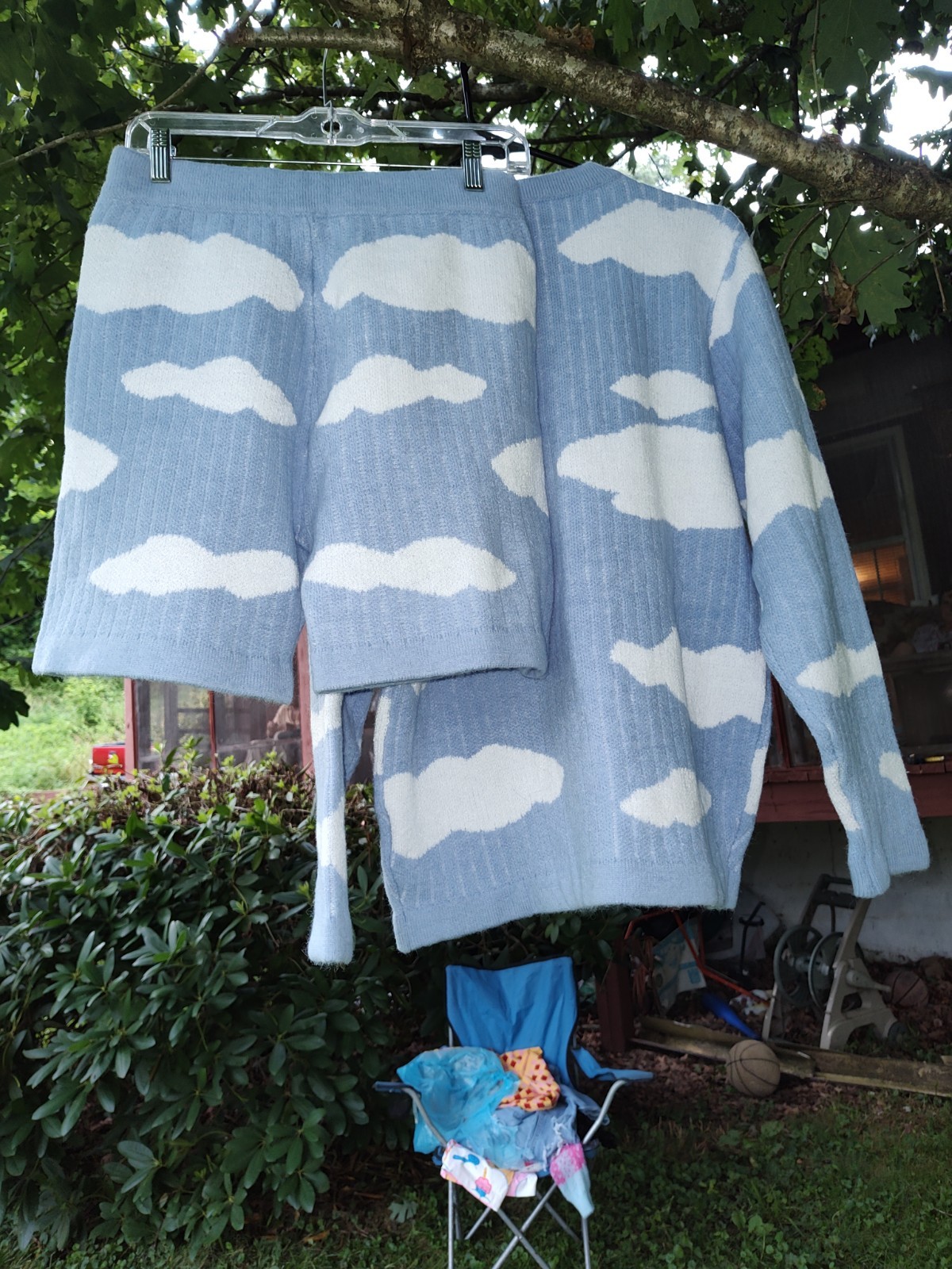 Blue Long Sleeve Sweater Outfit With Matching Sweater Shorts With Cloud Pattern
