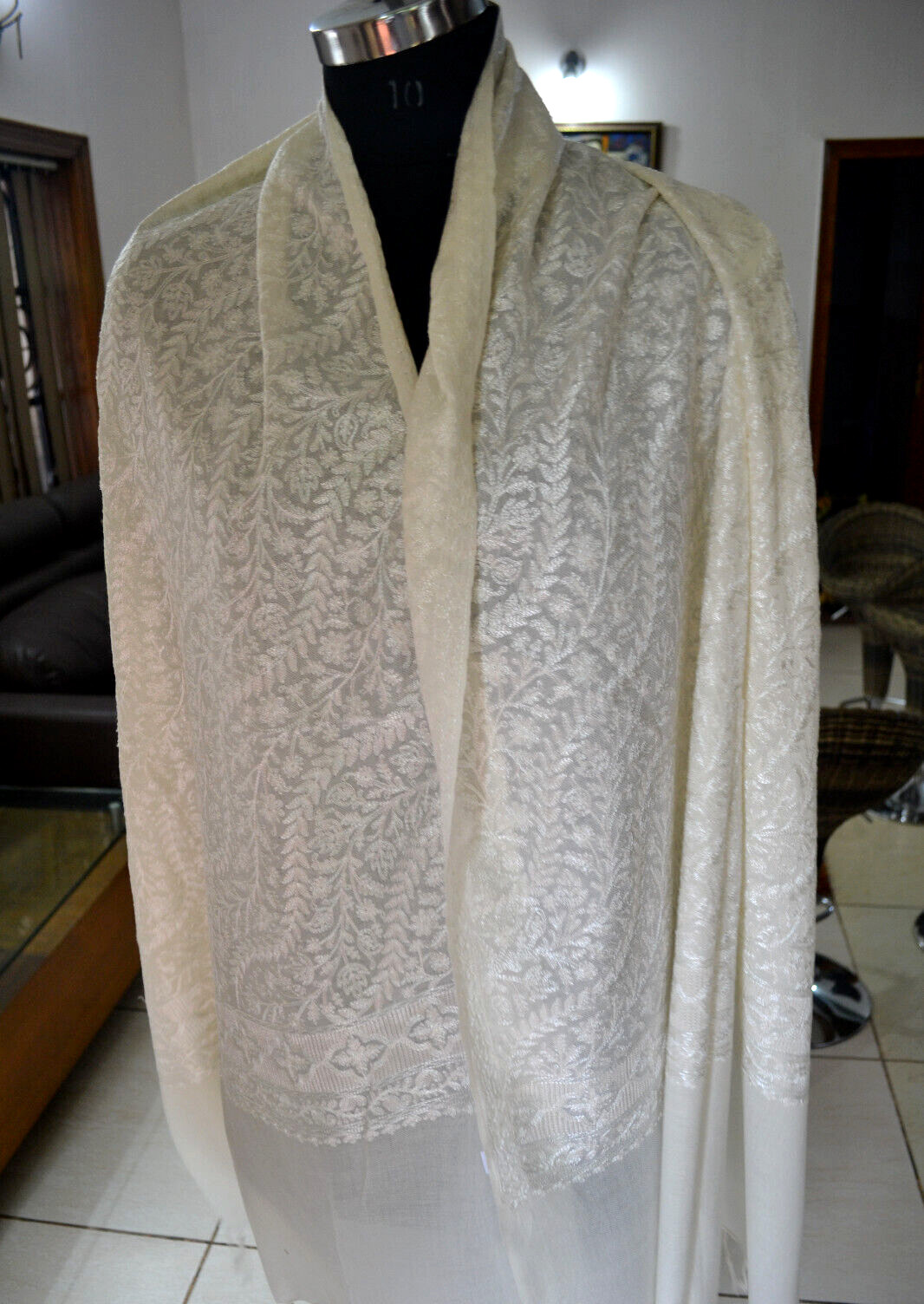 white EMBROIDERED wedding Bride shawl ~100% CASHMERE PASHMINA PAISLEY EMBROIDERY