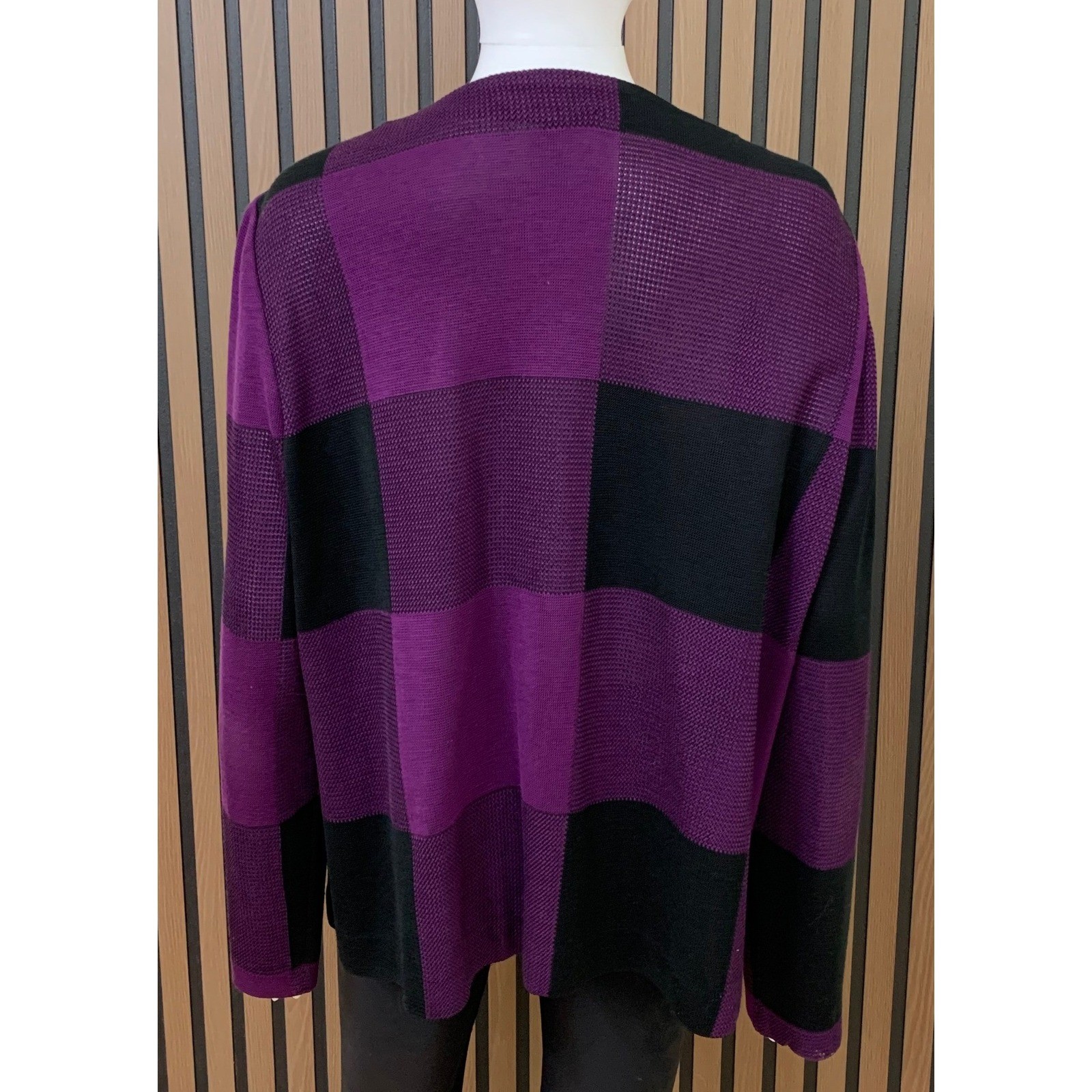 Ming Wang Purple Black Buffalo Check Knit Cardigan Jacket Fringe Trim XL