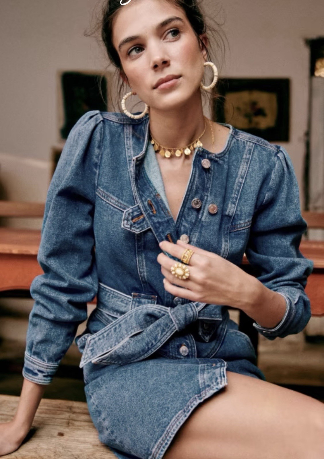 Sezane Cherine Denim dress Sz 12 EUC French Girl Utilitarian